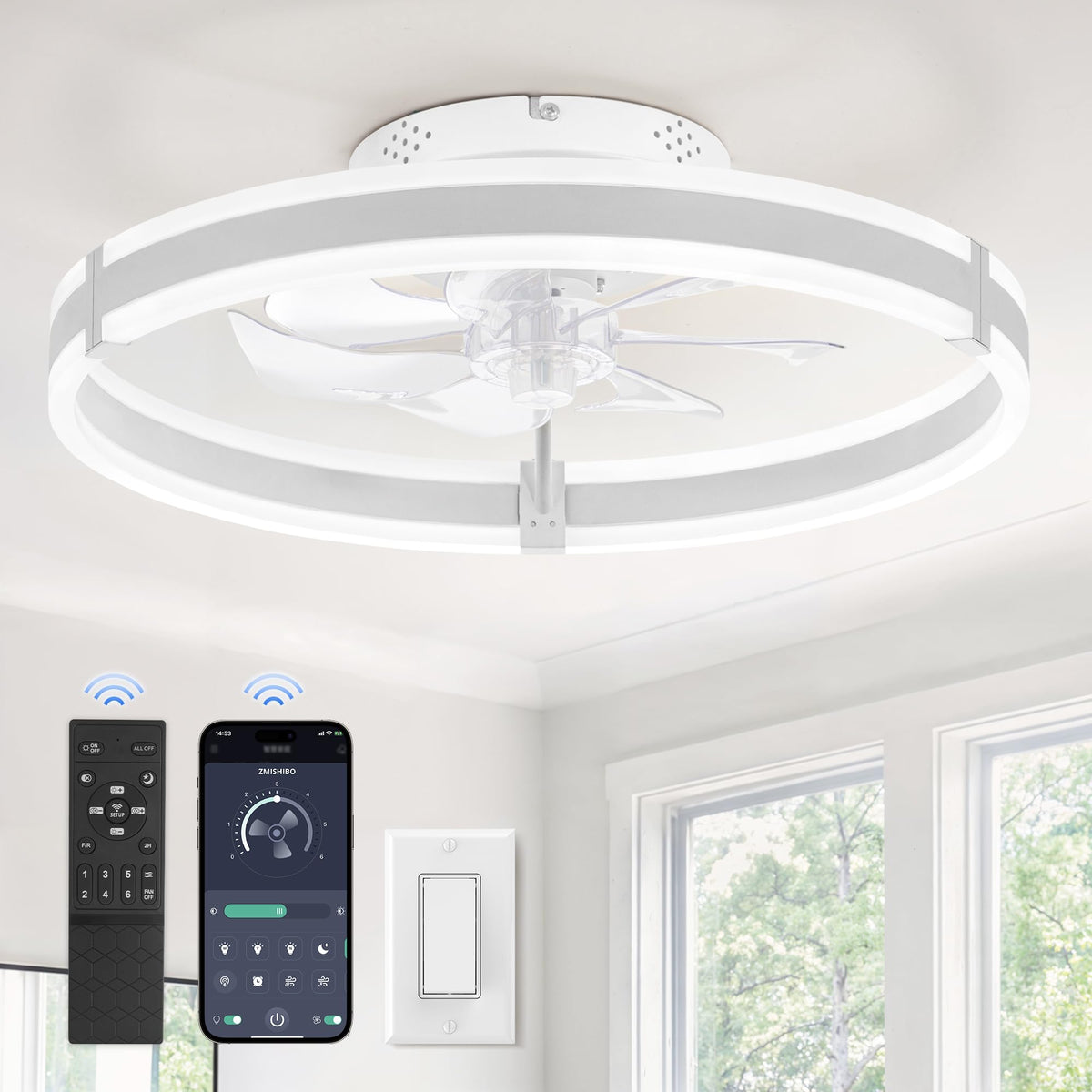 ZMISHIBO Low Profile 19.7'' Ceiling Fans with Lights and Remote, Black | 3000-6000K Dimmable LED Fandelier, Quiet DC Motor, Reversible Airflow, 6 Wind Speeds, Timer, Bedroom, Living Room, Kitchen
