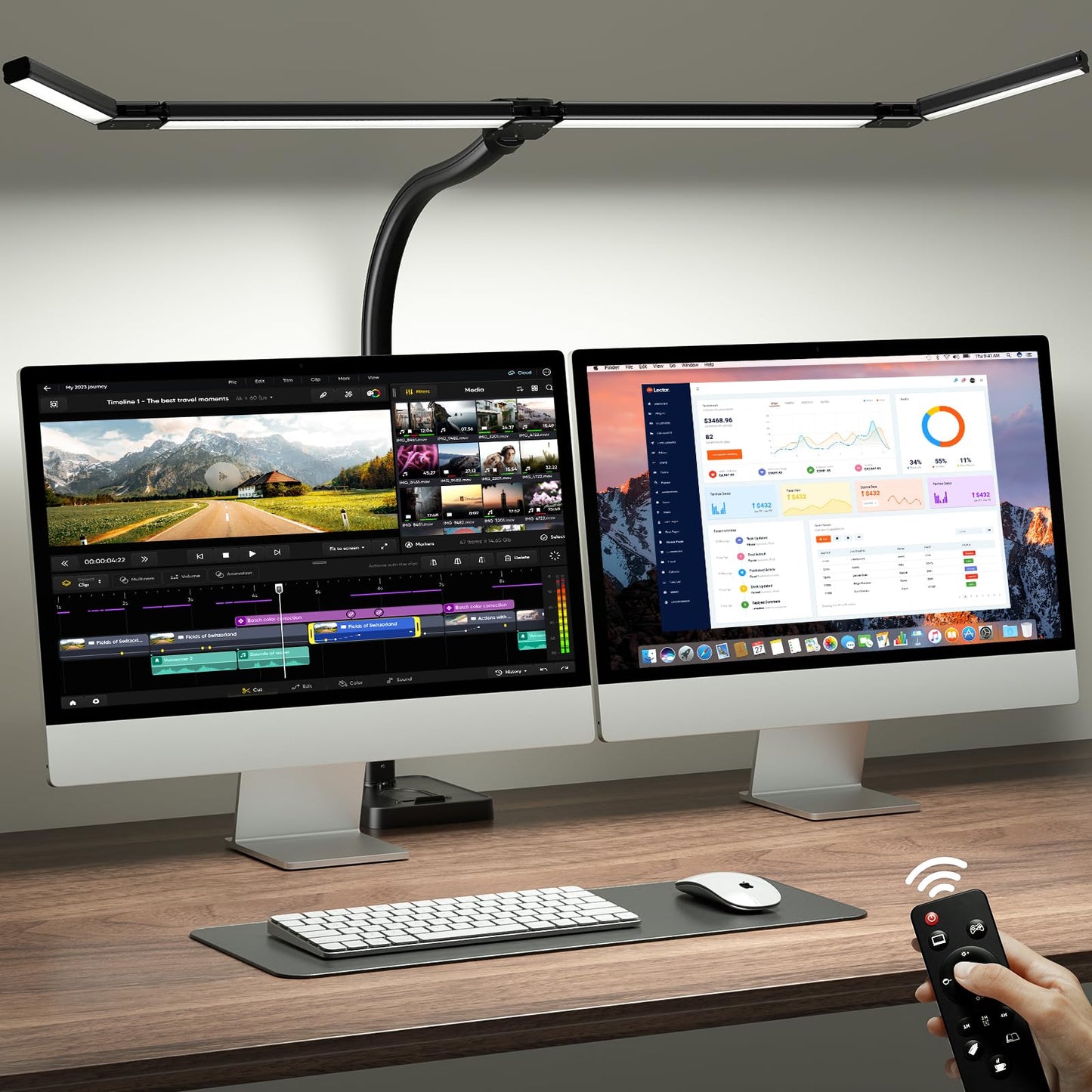 ONEMIX LED Desk Lamp with Clamp, 42-Inch 4-Panel Light for Dual Monitors | 1800 Lumens, 4 Adjustable Panels, 5 Color Temps, 5 Brightness Levels, Remote, Timer, Flicker-Free for Home Office