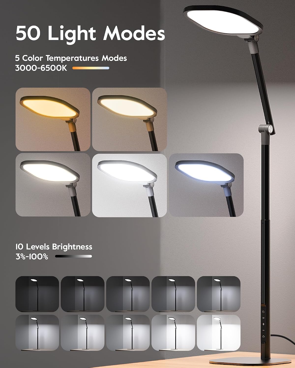 Tall LED Desk Lamps Home Office, Edge-Lit Eye-Care, 50 Light Modes | 40", Dimmable & Flexible, CRI>97.8, Memory and Timer Func, Stable Metal Base, Desk Lights for Home Office, Video Calls, Task