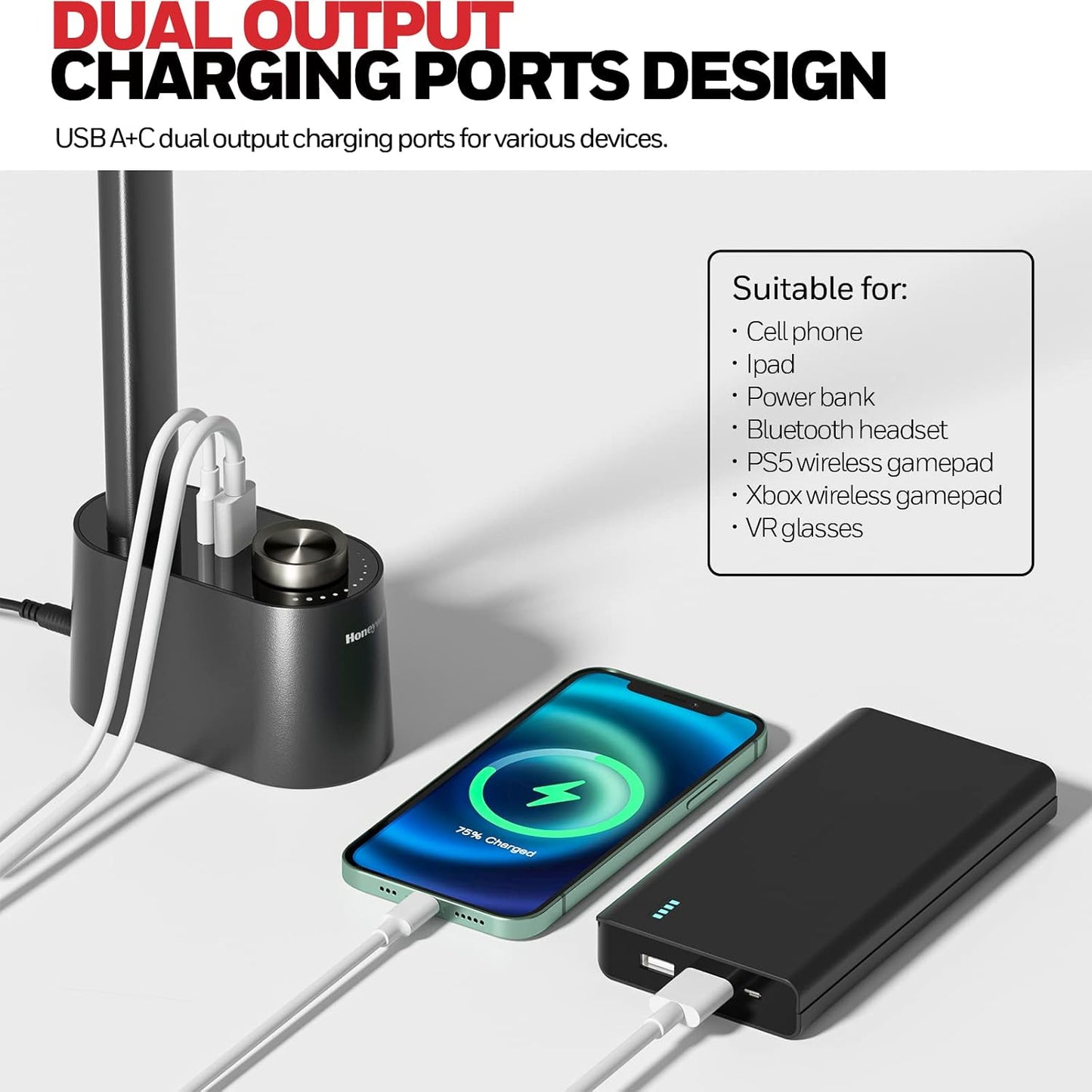 Honeywell H01 Pro Eye-Caring Compact LED Desk Lamp for Reading Home Office | Sunturalux Chips, CRI≥95, 3000K-5500K, A+C Charging, Dimmable Desk Light for College Dorm, Black