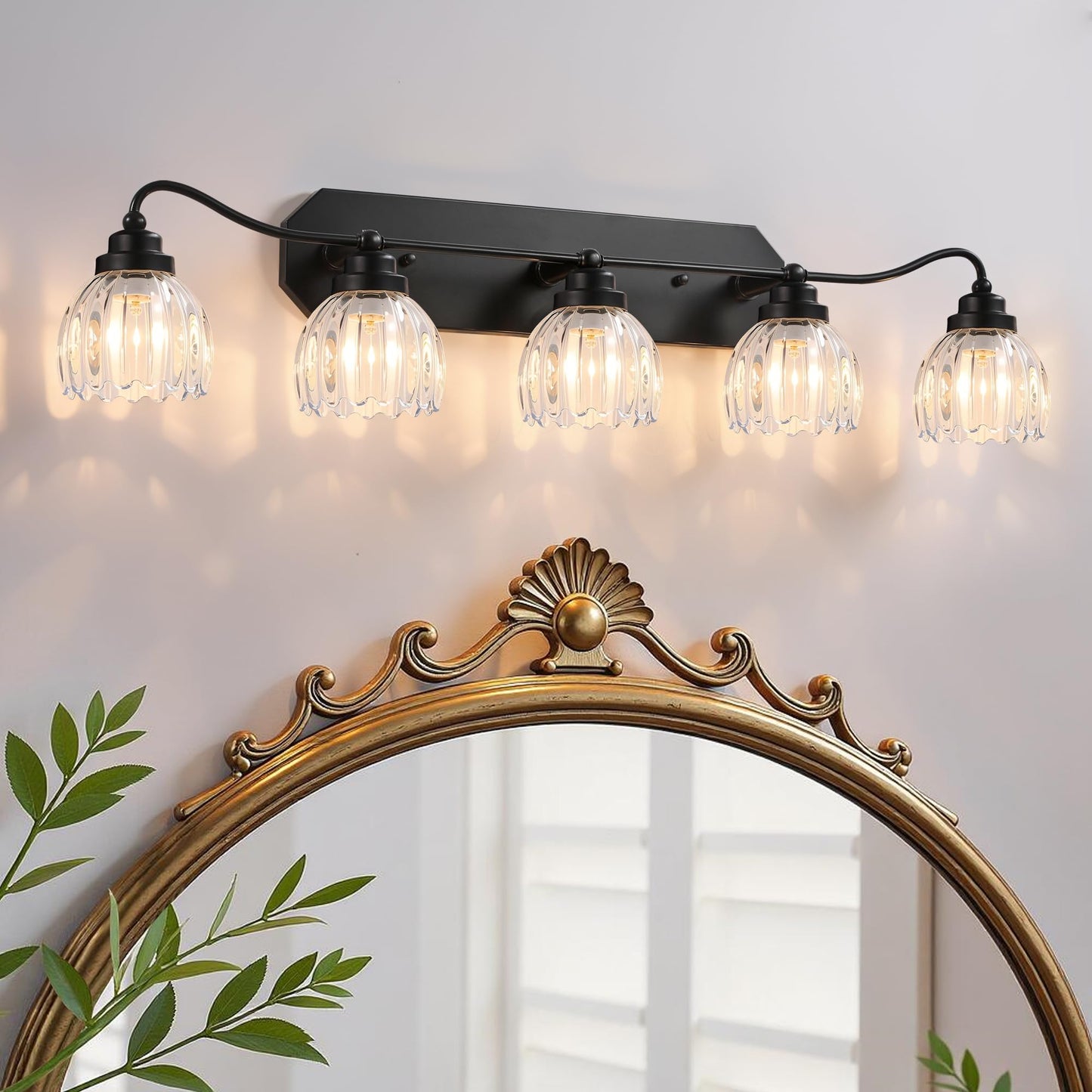 3 Light Gold Vintage Vanity Lights, Antique Brass Finish | Clear Tulip Crystal Shades,Brushed Gold Bathroom Light Fixtures,Wall Sconce Ideal for Bedroom, Hallway, Easy to Install