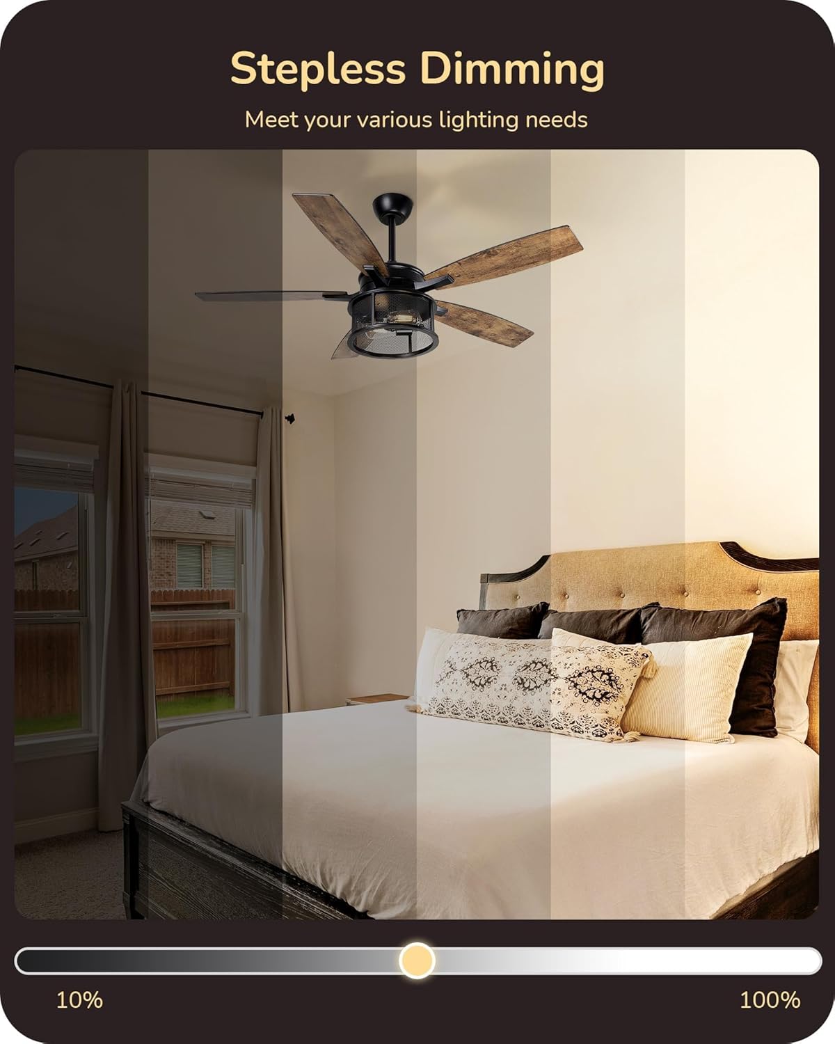 EDISHINE 52" Farmhouse Ceiling Fans with Lights and Remote, 5 Wooden Blades | 10%-100% Dimmable, Timer, 6 Speeds Reversible DC Motor, Wooden Blades Lighting Ceiling Fans for Living Room, Bedroom, Wood