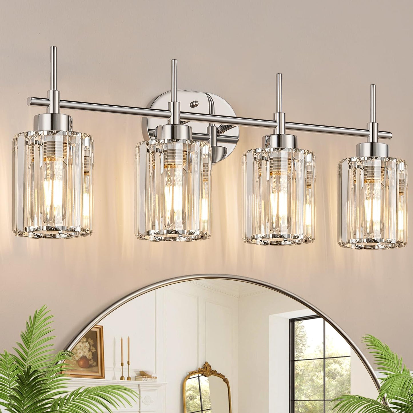 Modern Crystal Bathroom Vanity Light, 3-Light Brushed Gold Bathroom Light Fixtures with Clear Shades, Vanity Lighting Fixtures Over Mirror (Exclude Bulb)