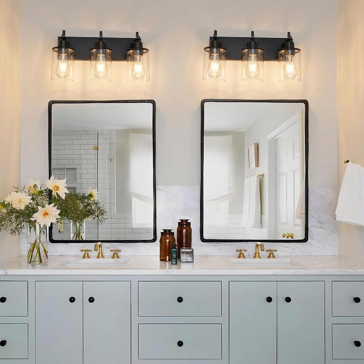 Lanhall 3-Light Black Bathroom Light Fixture Over Mirror Modern Farmhouse Bathroom Vanity Light Vintage Wall Lighting with Clear Glass Shade for Bathroom, Bedroom, Hallway, Cabinet