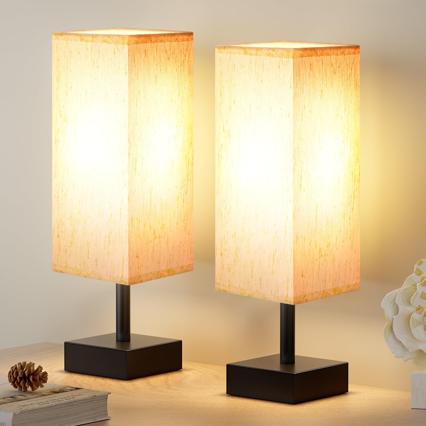 aooshine Small Bedside Table Lamp for Bedroom - Square Cream Fabric Shade | Inline Rocker Switch, Corded Electric, Bulb Not Included, 12.8" Mini Table Lamp for Nightstand, Desk, Dorm, Office