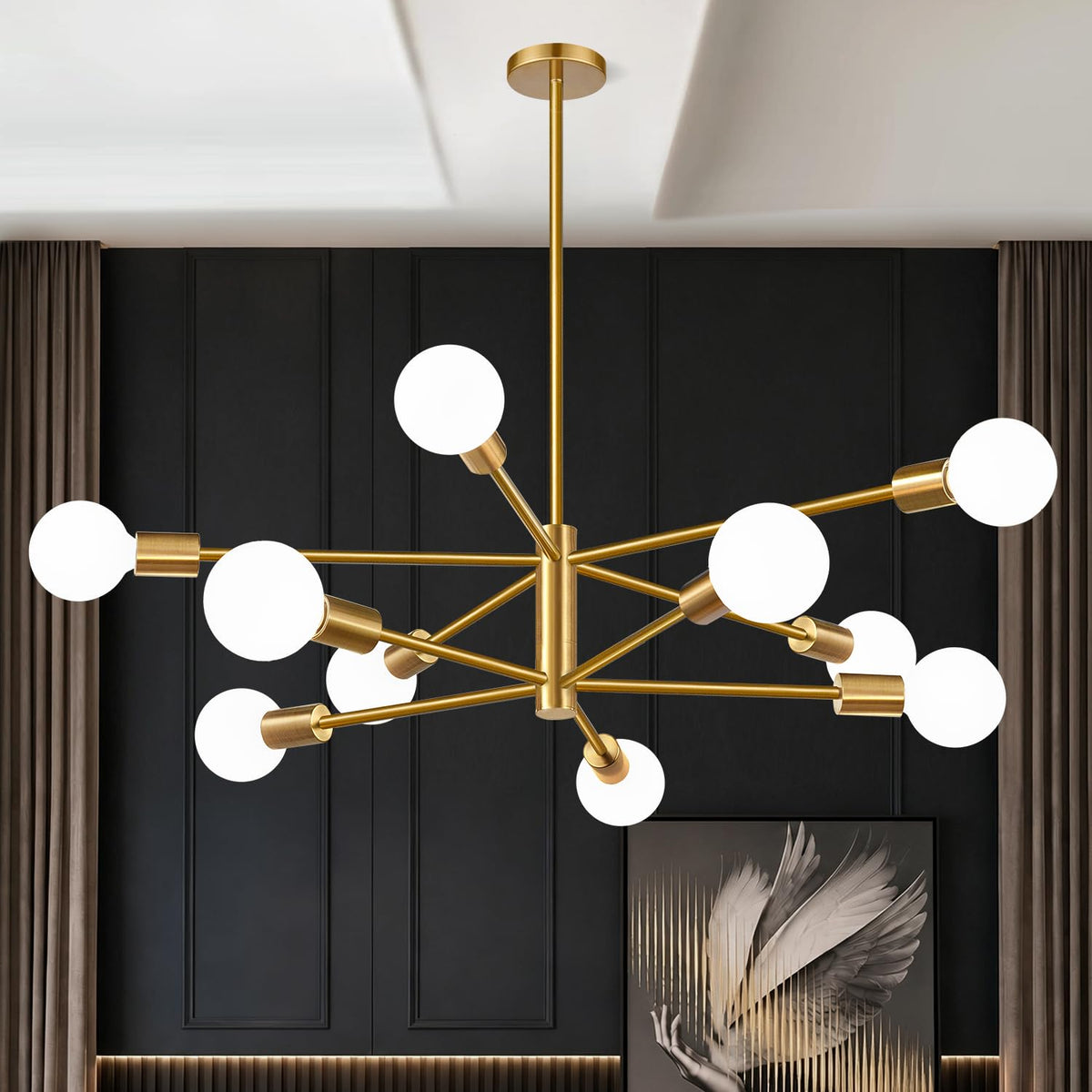 11"-52" Height Adjustable Modern Chandelier Ceiling Light Fixture, 12-Light Sputnik Chandeliers Brushed Gold and Matte Black Mid Century Chandelier Over Table, Chandeliers for Dining Room Living Room