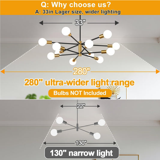 11"-52" Height Adjustable Modern Chandelier Ceiling Light Fixture, 12-Light Sputnik Chandeliers Brushed Gold and Matte Black Mid Century Chandelier Over Table, Chandeliers for Dining Room Living Room