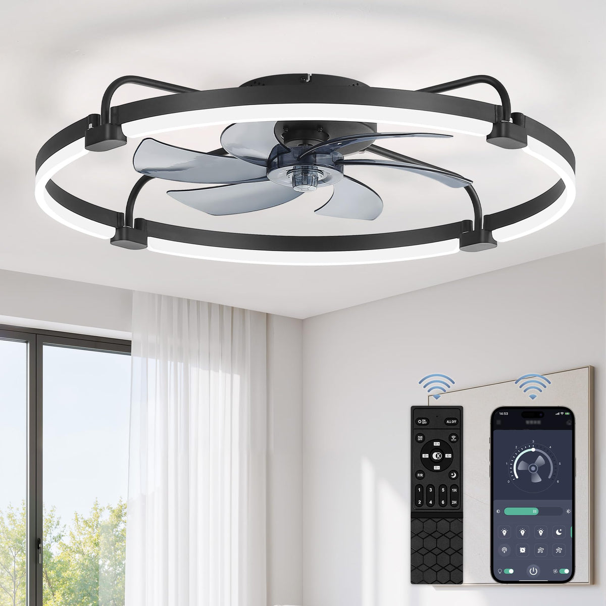 LEDIARY 20" Ceiling Fans with Lights and Remote, Low Profile Led Fan Light | Flush Mount, Stepless Dimmable Fandelier, 6 Speeds, 3 CCT, Quiet Reversible DC Motor, 2H Timer, Bedroom, Living Room, Black