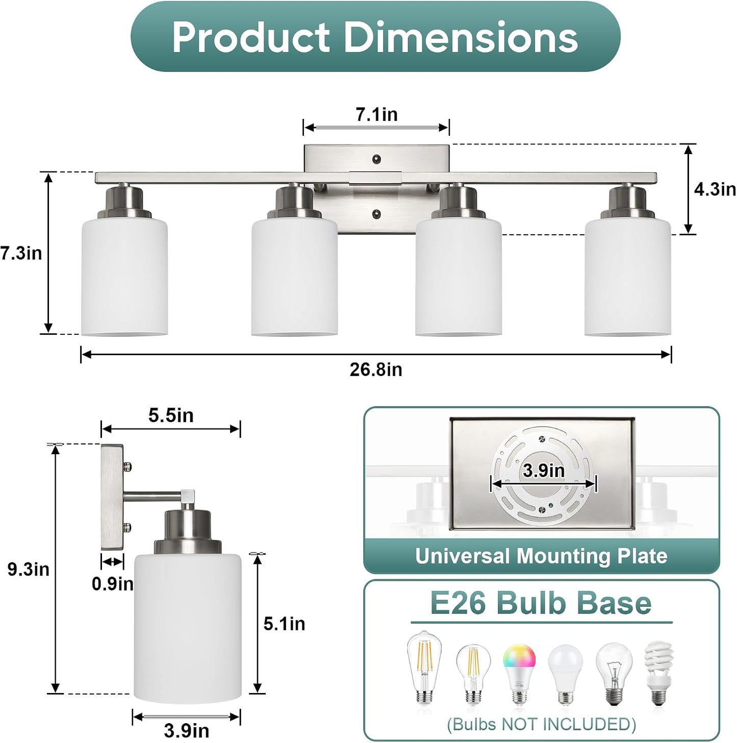 Ascher Bathroom Light Fixtures, 4-Light Vanity Light Over Mirror, Brushed Nickel Wall Sconces with Milky White Frosted Glass Shades, Wall Lamp for Living Room Bedroom, E26 Base(Bulbs Not Included)