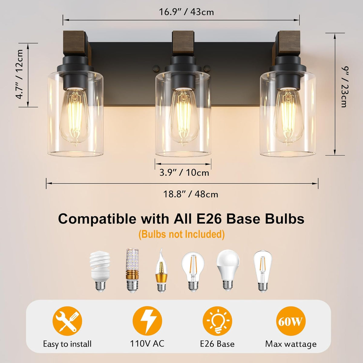 Farmhouse 3-Light Bathroom Vanity Light Fixtures, Black and Wood | 18.8″ Rustic Matte Black Metal Frame, Clear Glass Shades, Vintage Wall Sconces Lighting Over Mirror, for Bathroom Restroom