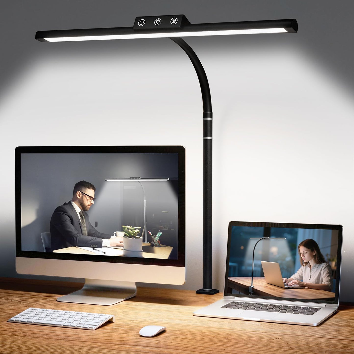 LED Desk Lamp for Home Office, Flexible Gooseneck Desk Lamp with Clamp, 5 Color Touch Control Stepless Dimming Adjustable Eye-Caring Desk Light with Adapter for Reading, Study, Workbench (Black)