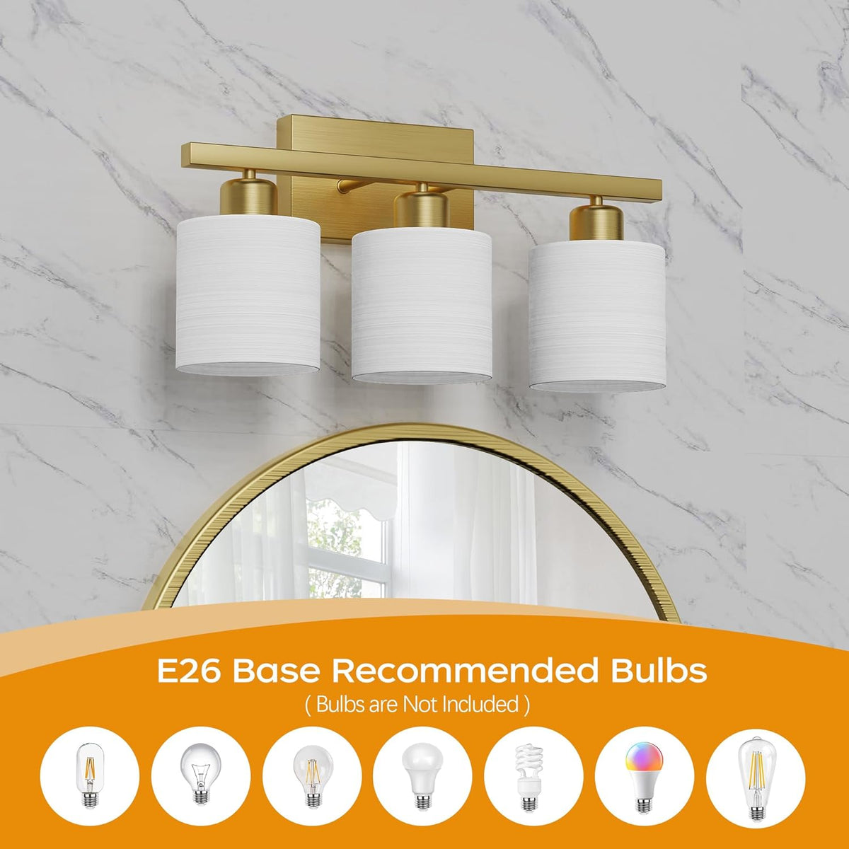 Bathroom Light Fixtures, Bathroom Lighting Fixtures Over Mirror, Interior Classic Vanity Lights, Modern Vanity Light with Textured White Glass Shade, Brushed Gold, 3-Light