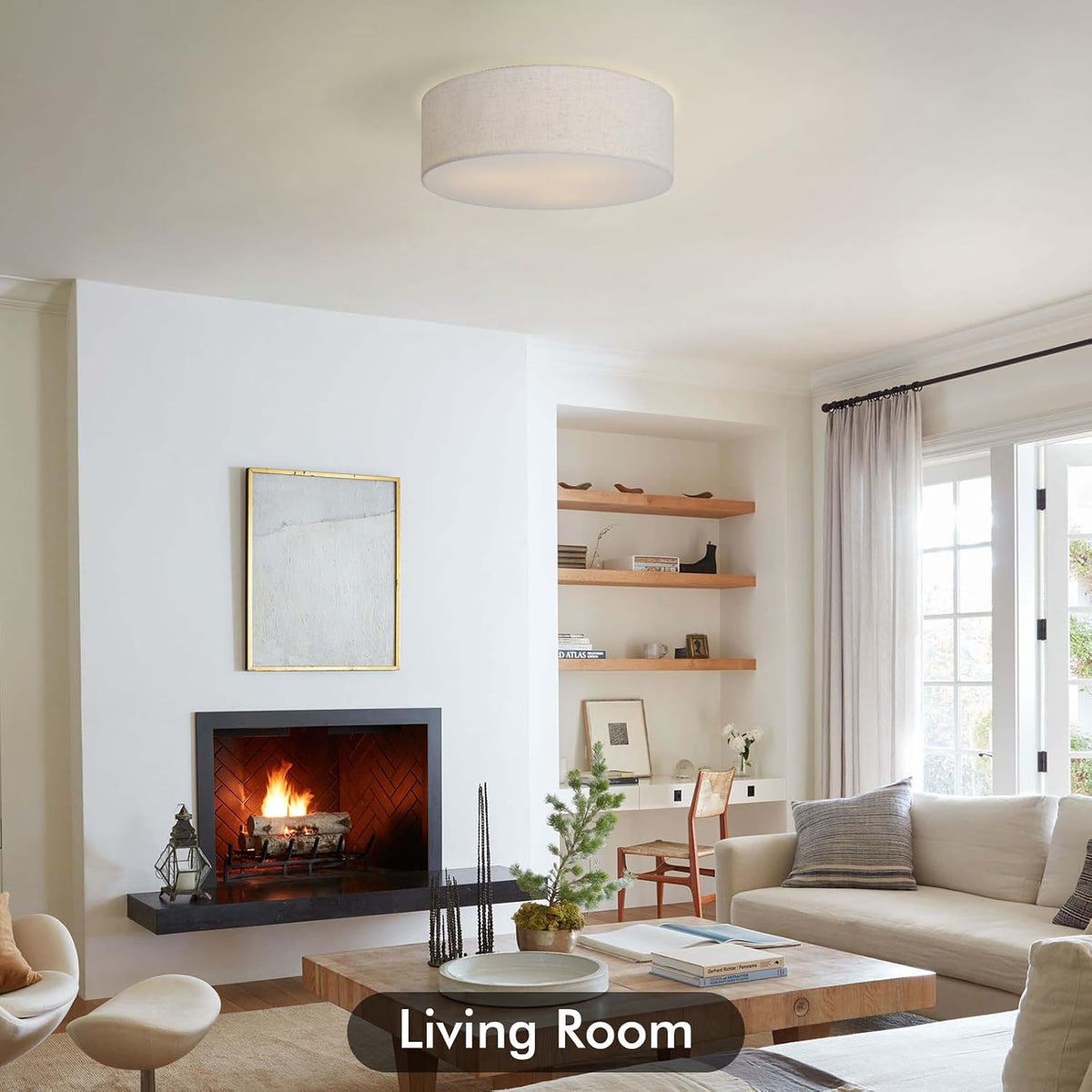 CALOKES 18-Inch Large Flush Mount Ceiling Light Fixture with Fabric Shade, Modern Drum Closed to Ceiling Lighting for Living Dining Room, Bedroom, Kitchen, Foyer - Farmhouse 3-Light Lamp & Chandelier