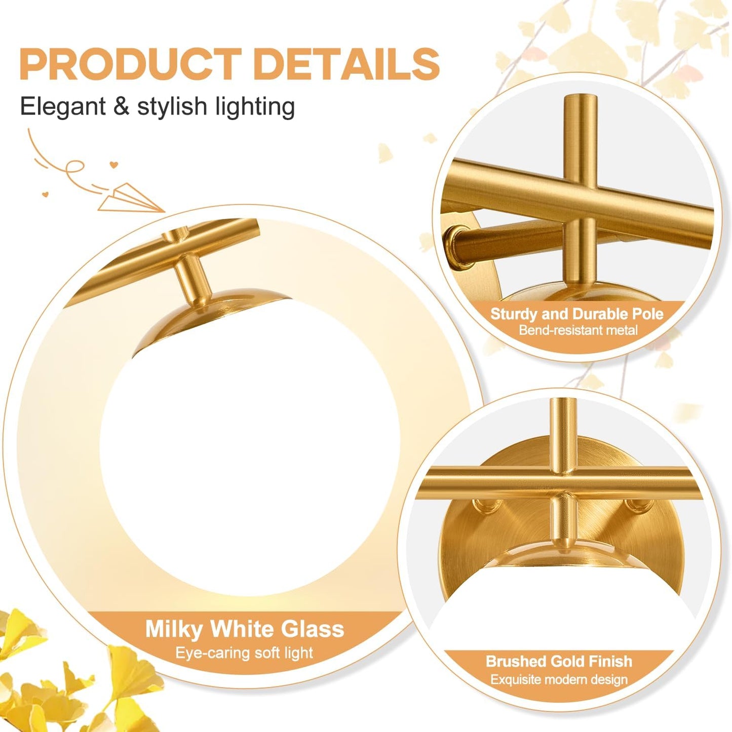3-Light Bathroom Light Fixtures, Brushed Gold Vanity Lights for Bathroom with Milky White Glass Globe Shade, 19.3 inch Bathroom Lighting Fixtures Over Mirror, Wall Sconce for Bedroom(Bulb Not Included