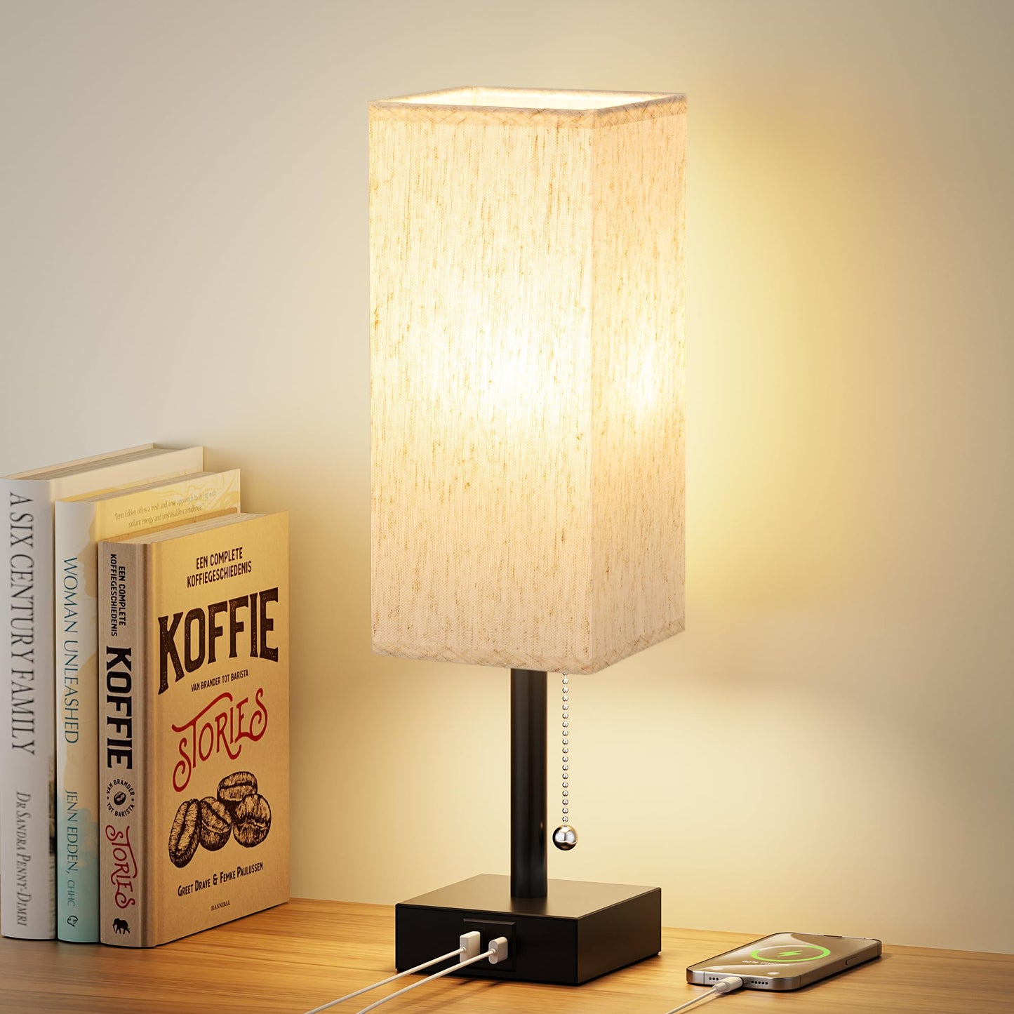 aooshine Small Bedside Table Lamp for Bedroom - Square Cream Fabric Shade | Inline Rocker Switch, Corded Electric, Bulb Not Included, 12.8" Mini Table Lamp for Nightstand, Desk, Dorm, Office