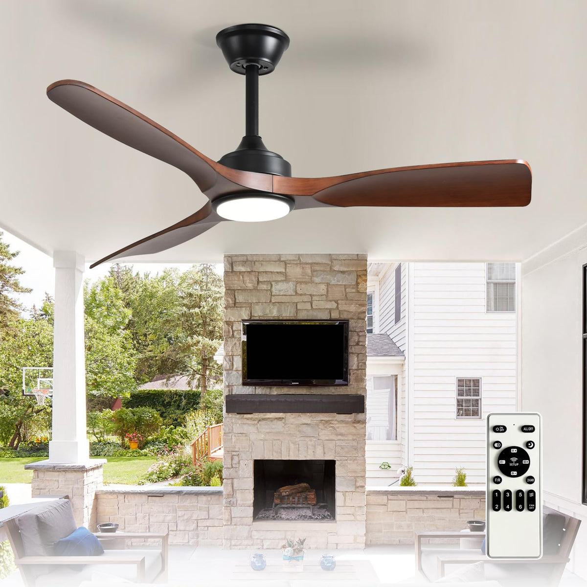 Depuley 52-Inch Ceiling Fan with Light: Black 3 Blade Outdoor Fans for Patios - Dimmable Indoor Fan with Remote Control Fandelier for Living Room Bedroom Porch Quiet Motor Reversible 6 Speed Timer