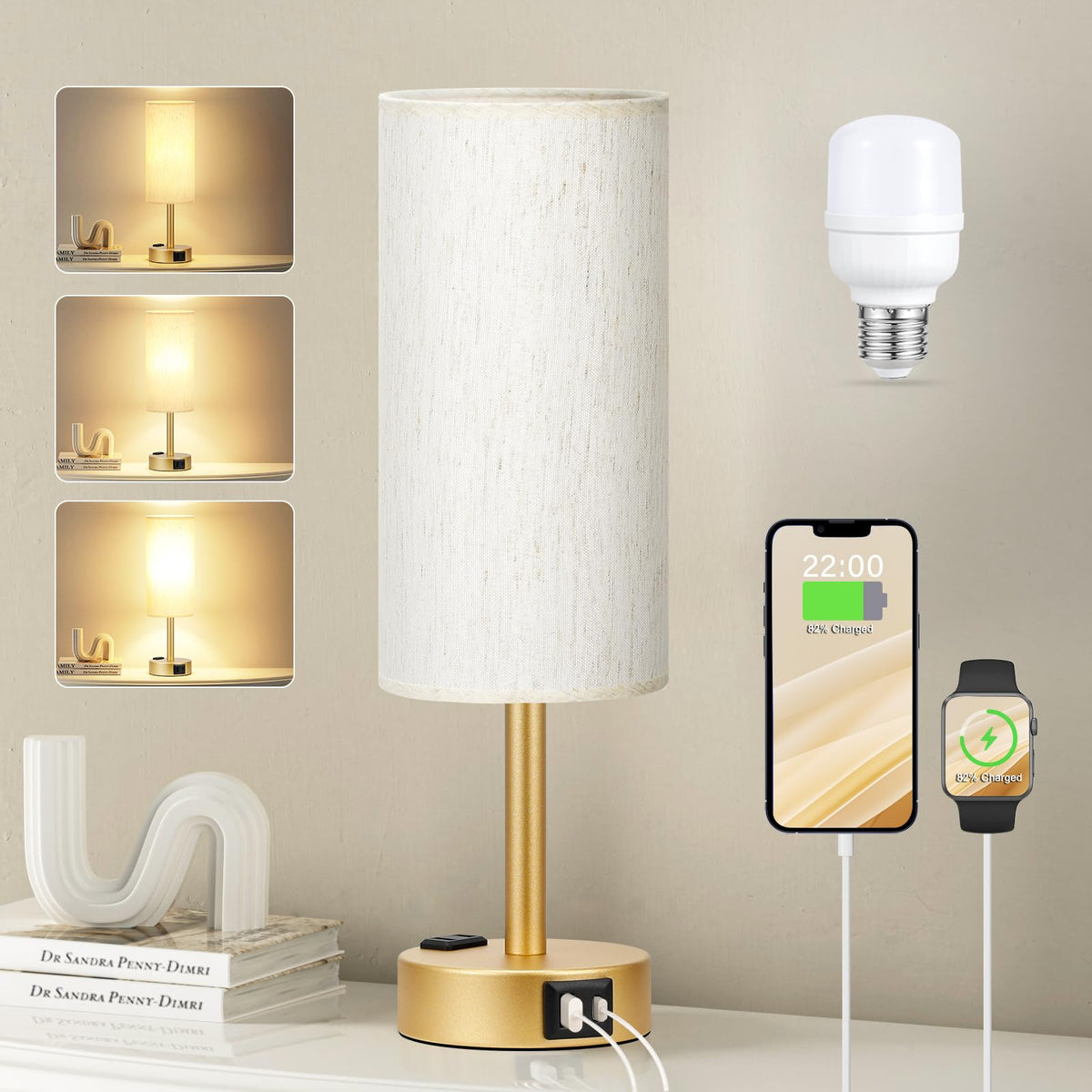 Bedside Table Lamp for Bedroom - Dimmable Touch, USB A+C, AC Outlet | 3-Way Dimmable, LED Bulb Included, Fabric Lampshade, Wood-Grain Metal Base, 14" Small Nightstand Lamp for Desk, Living Room