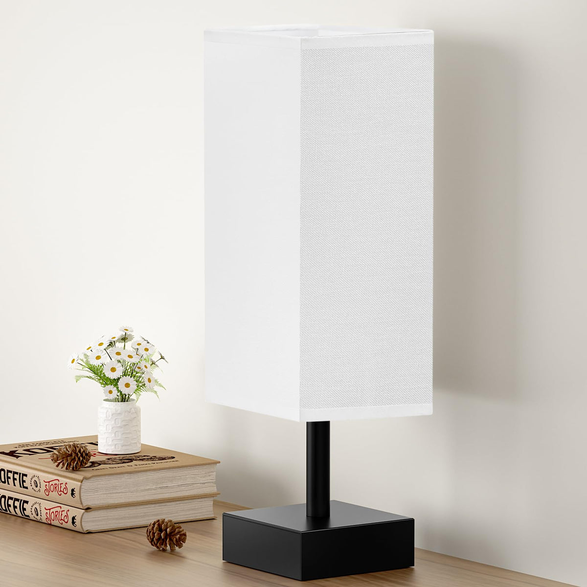 aooshine Small Bedside Table Lamp for Bedroom - Square Cream Fabric Shade | Inline Rocker Switch, Corded Electric, Bulb Not Included, 12.8" Mini Table Lamp for Nightstand, Desk, Dorm, Office