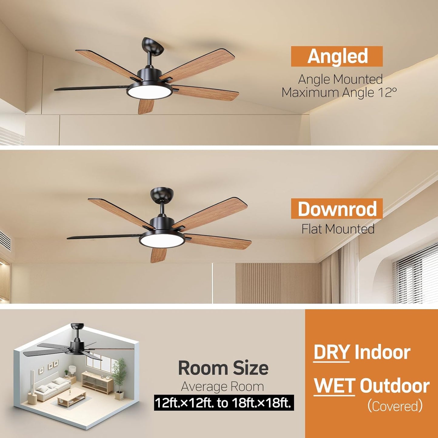 TALOYA 52 Inch Black Ceiling Fans with Lights Led Remote Control Flush Mount Low Profile for Bedroom Living Dining Room Outdoor Farmhouse Patio,Reversible,DC Motor,Diammable,Buzzer ON/Off,5 Blades