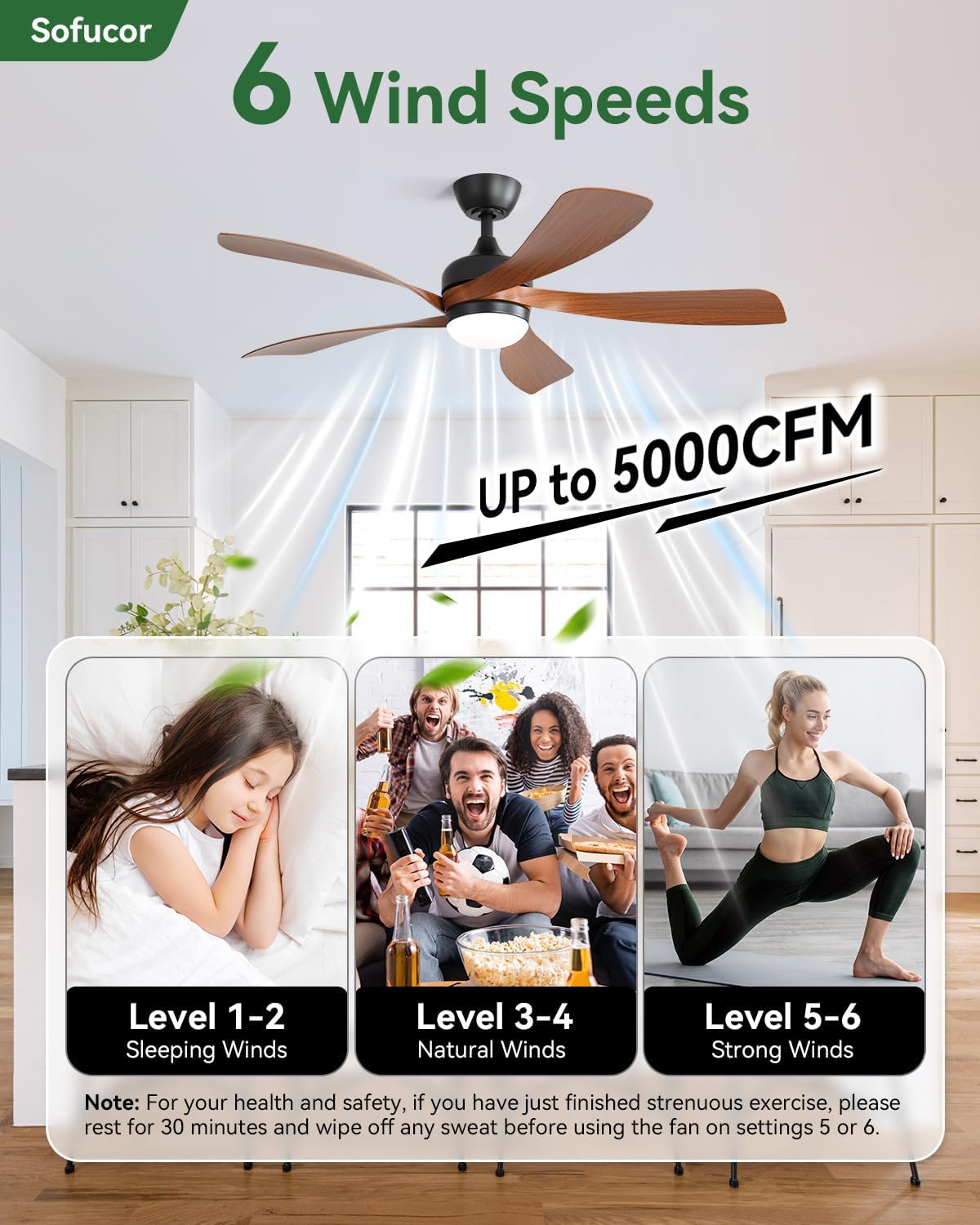 Sofucor 52 Inch Ceiling Fan with Light, 5 ABS Blades Brown | Remote Control Compatible, Reversible Quiet DC Motor, Timer, 6 Speeds, 3-CCT for Living Room Bedroom Patio Farmhouse