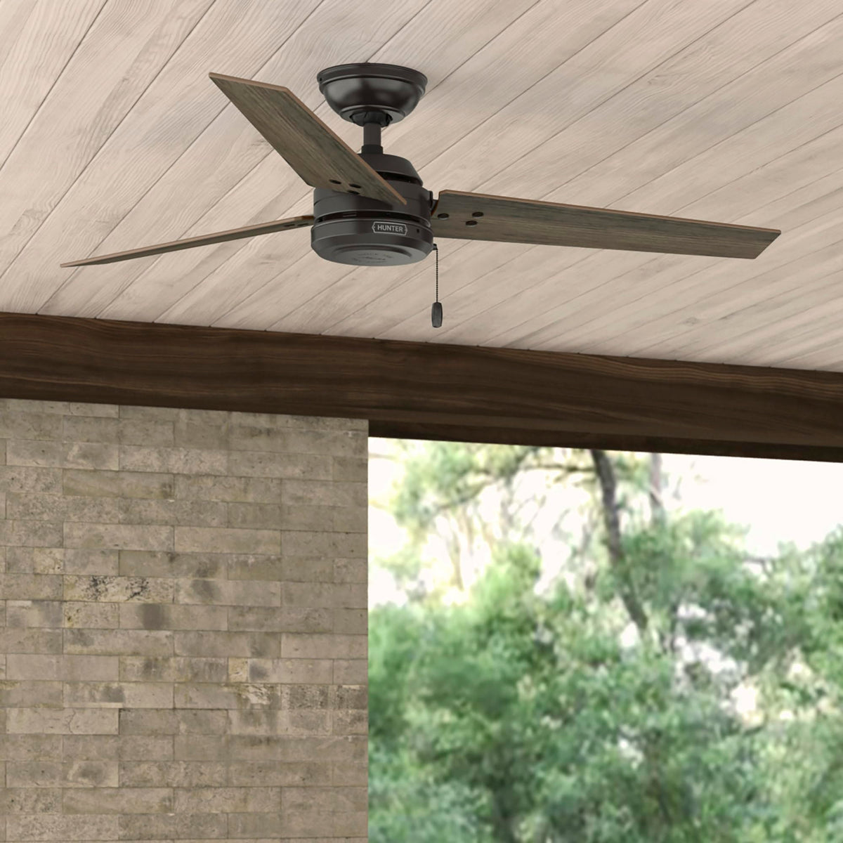 Hunter Cassius, Outdoor or Indoor, Ceiling Fan, 52 inch, Matte Black | No Light, Standard Mount, Pull Chain, 3 Blades, For Living Room, Patio, Porch, Garage, 59264