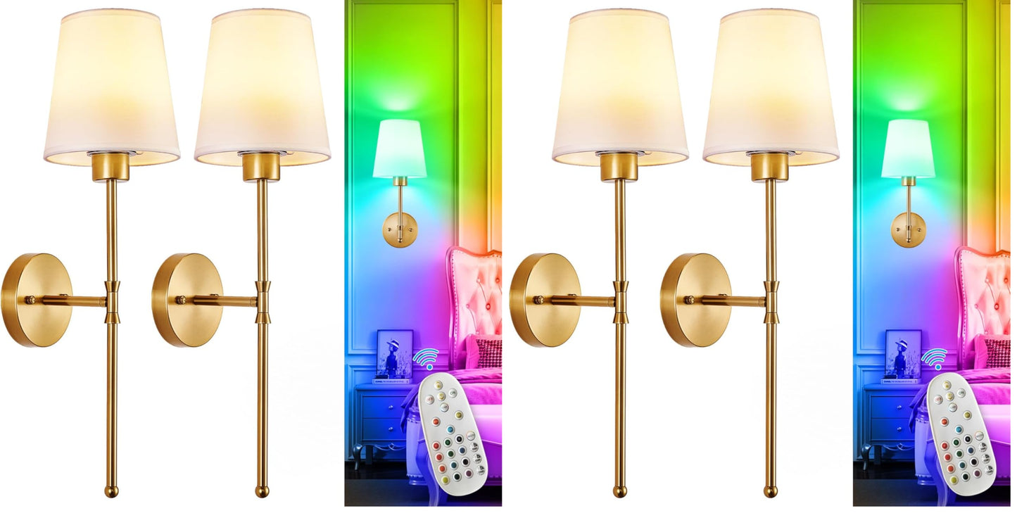 Depuley Battery Operated Wall Sconce: Set of 2 Wireless Wall Lights with 10000mAh Dimmable Bulbs and Remote for Bedroom - Rechargeable 15 Colors Gold Wall Lamp for Living Room Hallway