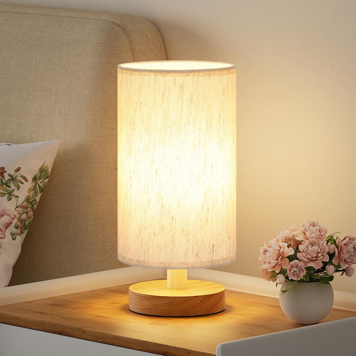 9" Small Table Lamp for Bedroom - Inline Control with 3000K Blub | Cream Shade and Wood Base | 680 Lumens | Easy Assembly | Minimalist Design | E26 | for Kitchen | for Kids Room