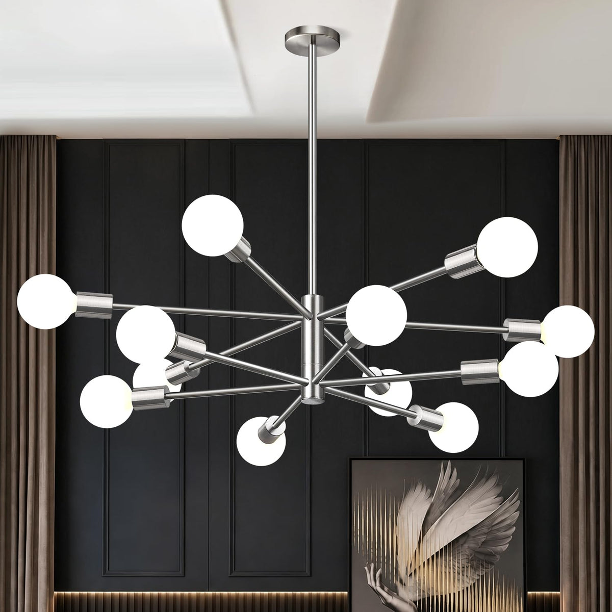 11"-52" Height Adjustable Modern Chandelier Ceiling Light Fixture, 12-Light Sputnik Chandeliers Brushed Gold and Matte Black Mid Century Chandelier Over Table, Chandeliers for Dining Room Living Room