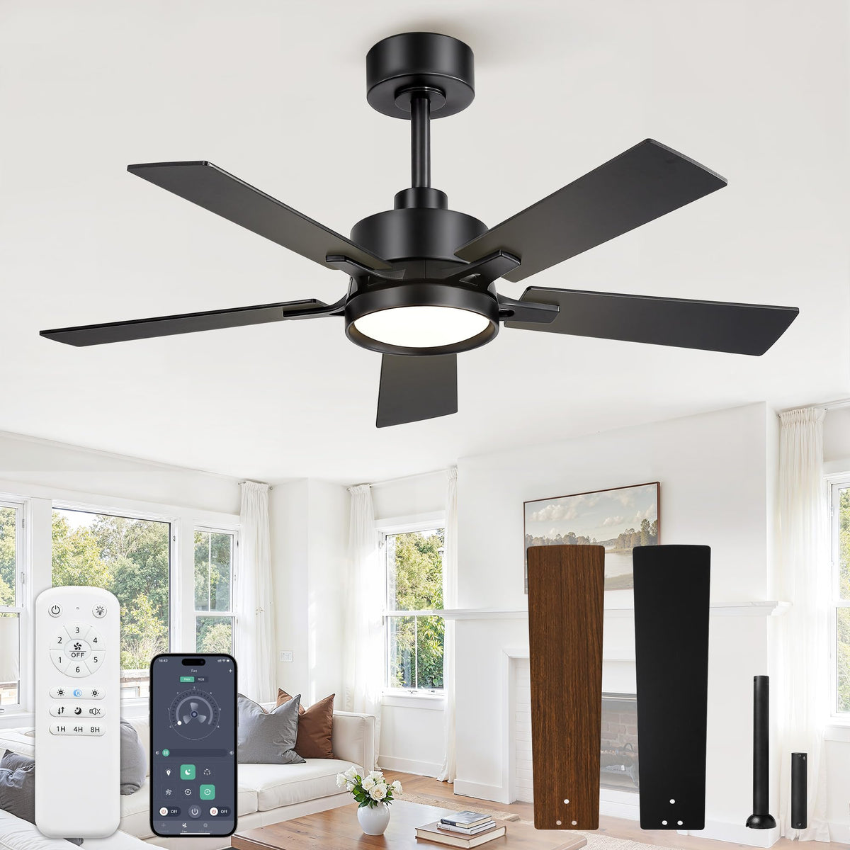 52 Inch Ceiling Fan with Lights,APP&Remote Control,DC Motor | Dimmable LED,3CCT,Memory Function,Dual-Finish Reversible Blades,Damp Rated,6 Speeds,Timer,Living Room,Bedroom,Covered Patio
