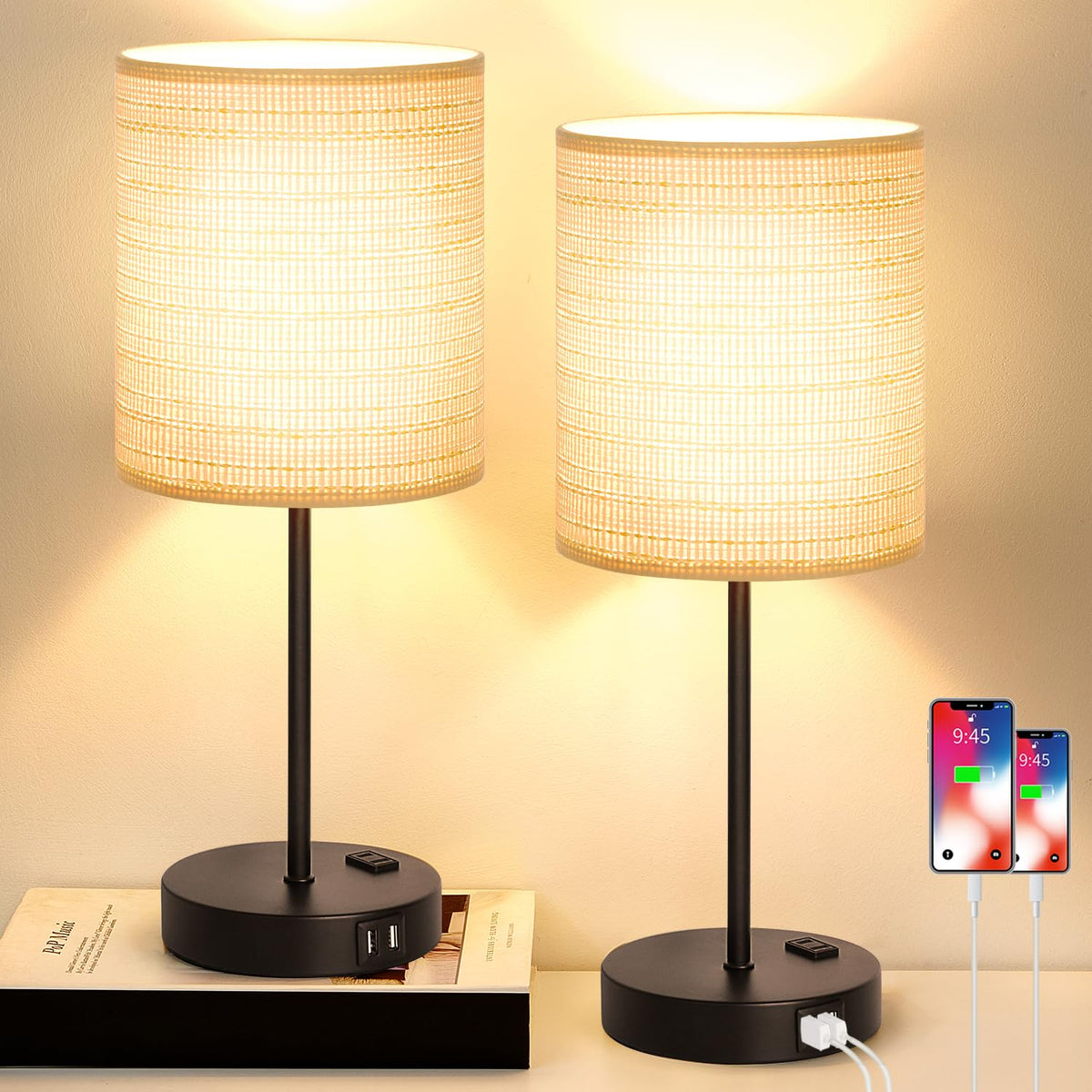 Set of 2 Touch Control Table Lamps with 2 USB & AC Outlet, 3-Way Dimmable Bedside Nightstand Lamps for Bedroom Living Room Nursery, 800 Lumens 5000K Daylight Bulbs Included