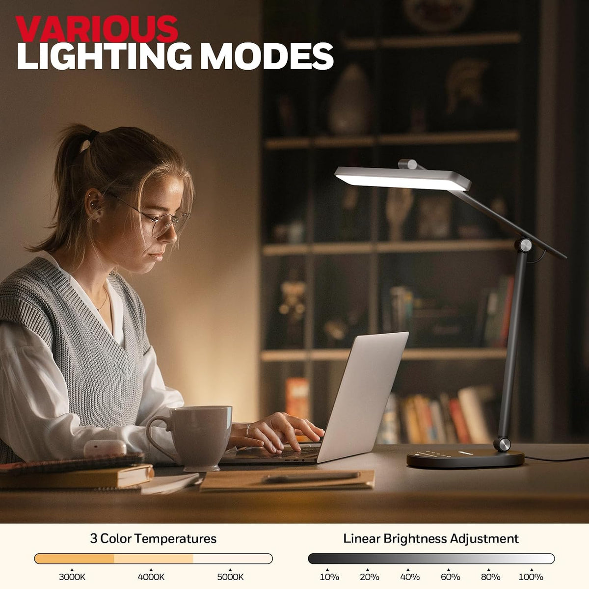 Honeywell HWT-H4 LED Desk Lamp, Eye-Caring, Dimmable, Auto Sensor | CRI97 Sunturalux LED, flicker-free eye care, 3 color temperatures, 5 brightness levels, auto dimming sensor, 60-min timer