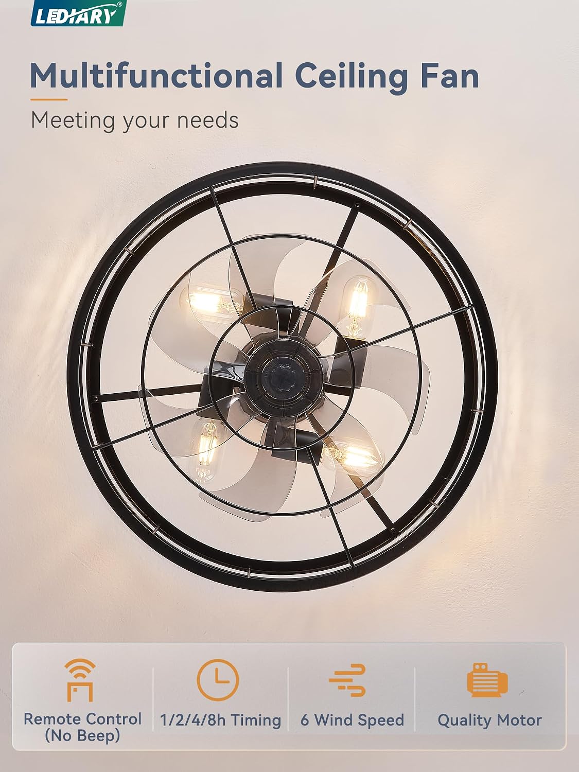 LEDIARY 20 inch Fandelier Caged Ceiling Fan with Light and Remote, Black | 6 Speed Adjustable,Timing, Quiet & Powerful DC, Small, Farmhouse, Industrial, Enclosed, Bladeless, Bedroom, Kitchen, Downrod