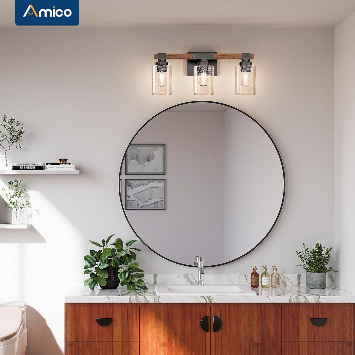 Amico 3-Light Farmhouse Bathroom Vanity Light, Seeded Glass, Black & Wood | Bubble Glass Shade Wall Sconce, Over Mirror Lighting for Bathroom, Bedroom, Living Room, Hallway, Powder Room, Entryway