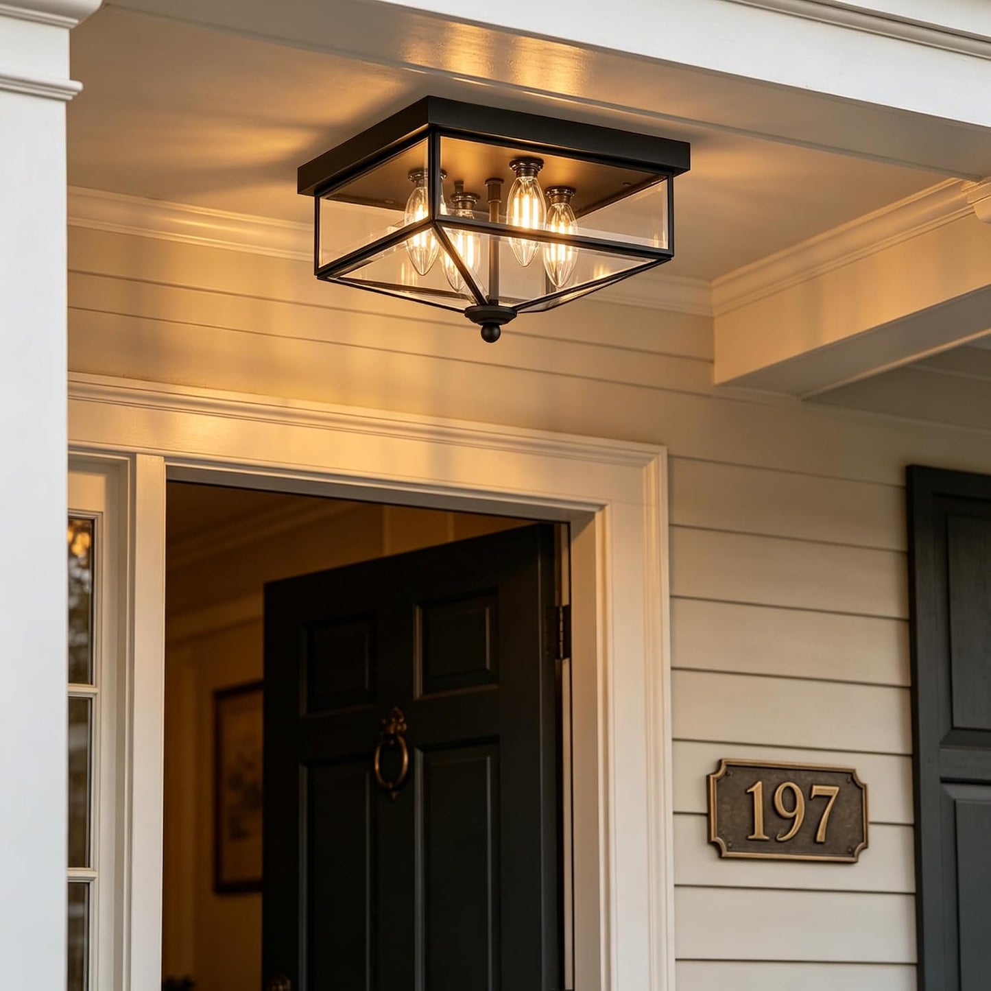 Farmhouse Style Square Flush Mount Ceiling Light, 4-Light Modern. | Ceiling Light Fixture with Clear Glass, Black Close-to-Ceiling for Kitchen Hallway Balcony Porch Stairway, E12 Base