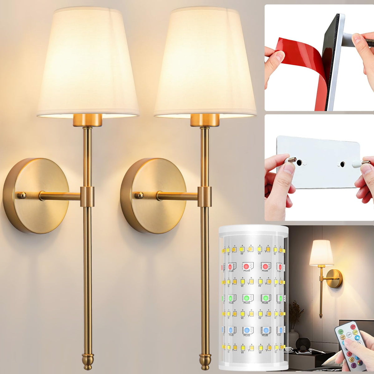 Nekhung Battery Operated Wall Sconce, Peel and Stick Sconces Set of 2 | Wireless Adhesive Stick On Wall Sconce, 10000mAh Rechargeable RGB Bulb with Remote, No Drill Wall Light for Bedroom Decor