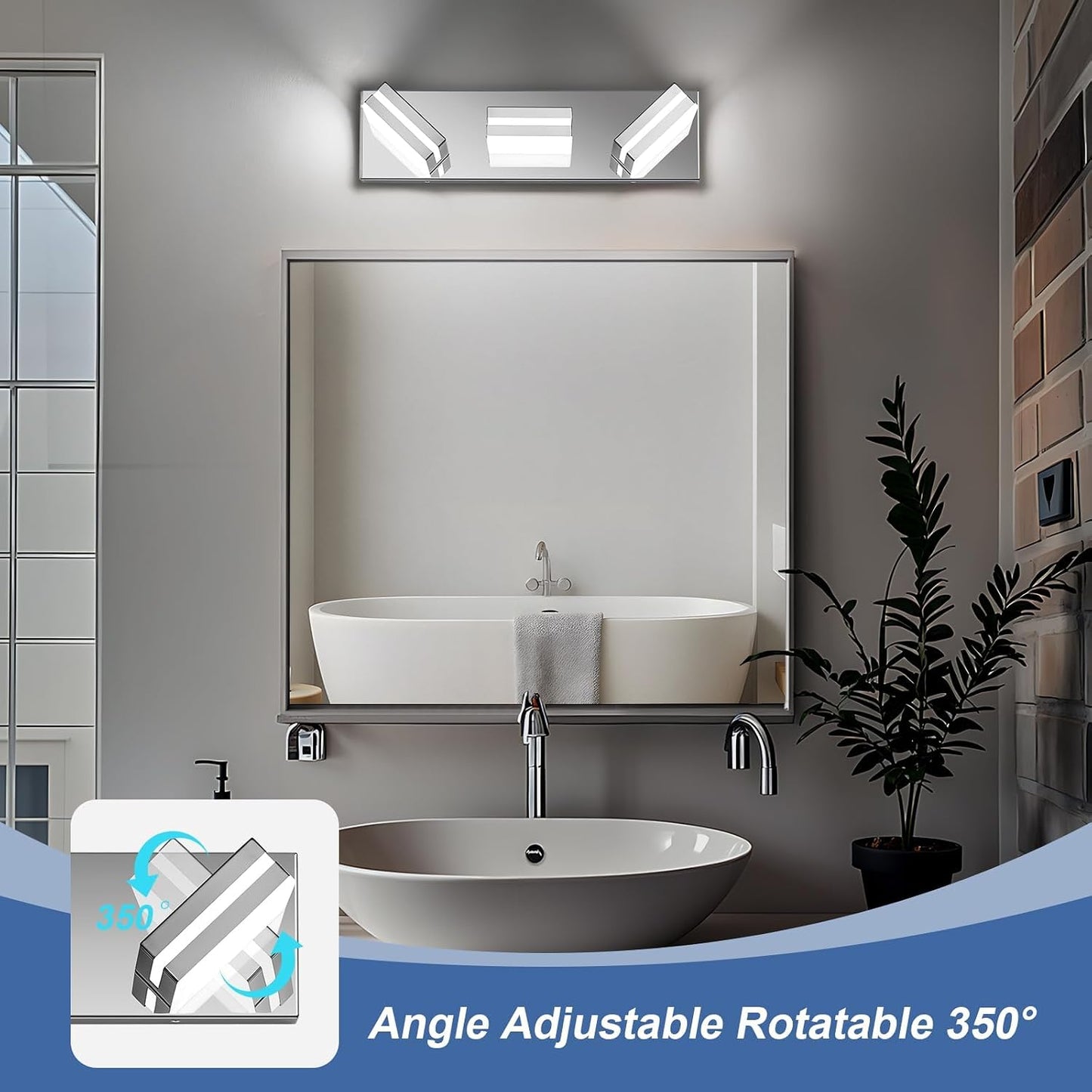 Modern LED Stainless Steel Chrome Acrylic Bathroom Lights Fixtures 3-Light | Wall Lighting,Vanity Lights for Bathroom Over Mirror 6000K 350°Rotate（No Assembly Required）