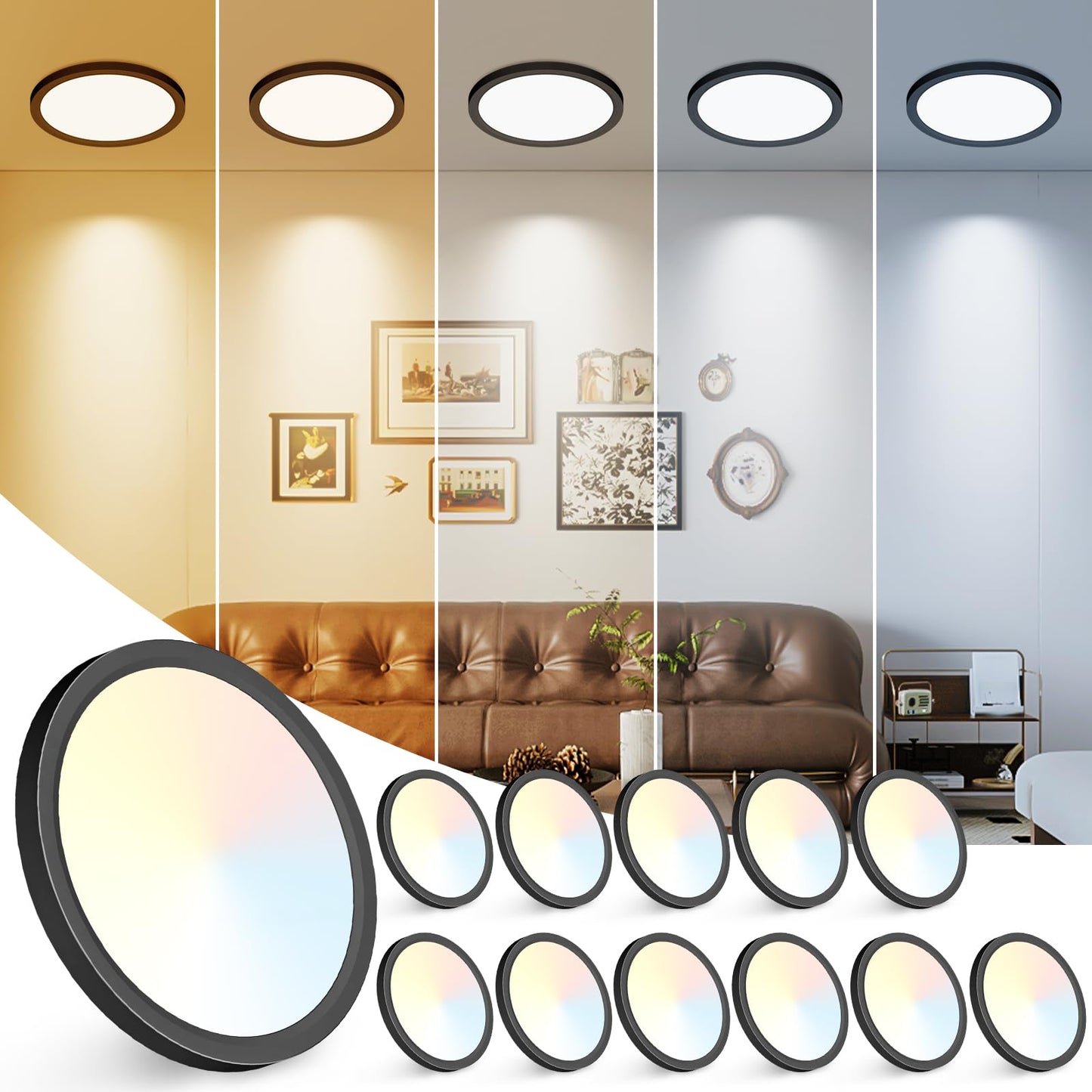 12Inch LED Ceiling Light Flush Mount, 5CCT 3000K-6500K Adjustable Ceiling Light Fixture, 2400LM 24W Bright White Flat Lighting Fixture for Hallway Kitchen Bathroom Bedroom, 6Pack