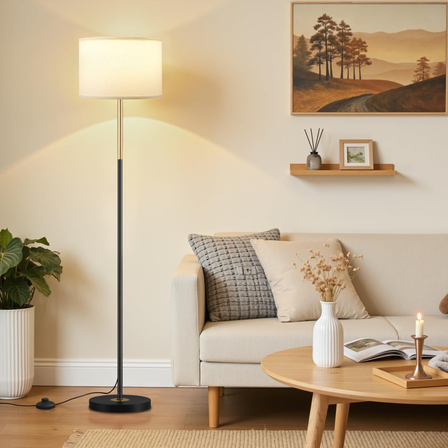 Modern Floor Lamp Simple Design with White Shade & Foot Pedal Switch | 60" Black Floor Lamp(Without Bulb), Tall Lamps for Living Room Bedroom Office Dining Room Kitchen