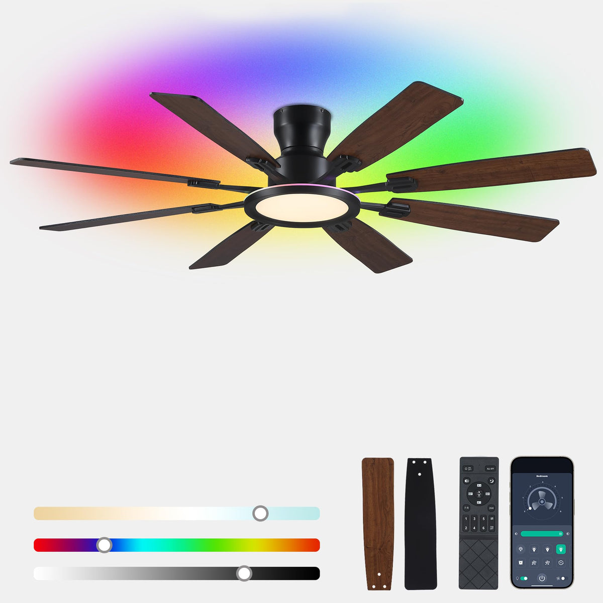 Ayaoty Ceiling Fans with Lights - 52in Flush Mount Ceiling Fan with RGB Dimmable, 3CCT 6 Wind Speeds and Reversible Quiet Motor, Low Profile RGB Fan Light for Modern Indoor, Party - Black