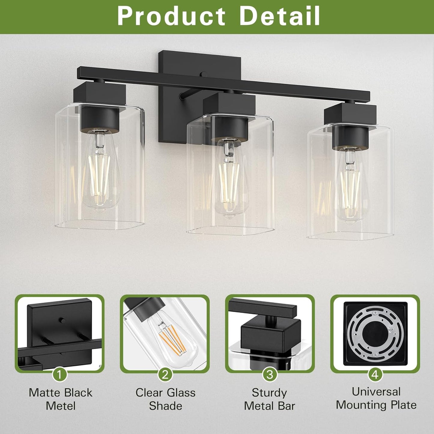 Matte Black Bathroom Vanity Light, 3-Light Vanity Lighting fixtures Over Mirror, Square Design & UL Certification, Wall Sconces with Clear Glass Shades, E26 Socket (Bulbs Not Included)