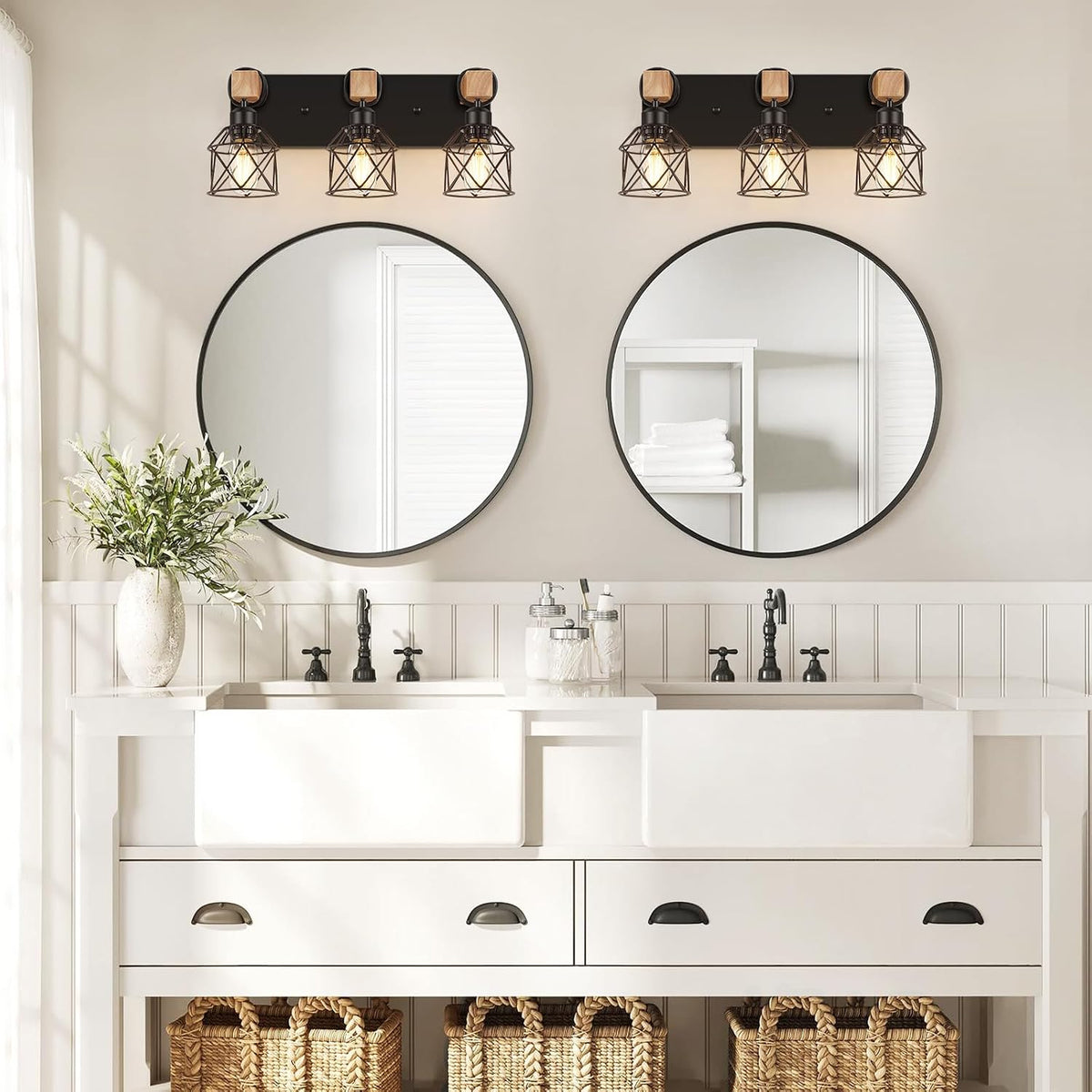 FadimiKoo 3-Light Bathroom Vanity Lights, Farmhouse Bathroom Light Fixtures | Rustic Wood & Black Metal Shade, Wood Bathroom Lighting Fixtures Over Mirror, Wall Sconces for Bathroom Bedroom Living Room