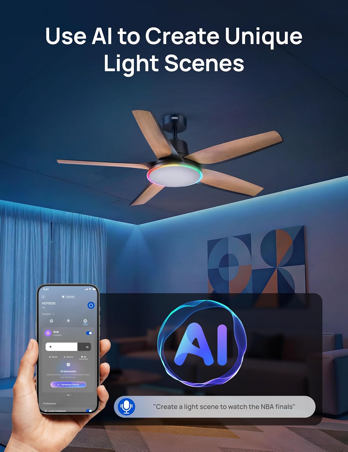 DREO Smart RGBIC Ceiling Fans with Lights, Low profile Ceiling Fan with Alexa/App, 52'' Dimmable Lighting & Color Tuning, 25dB Quiet for Living Room, Game Room, Easy Installation, Black, 2026 Upgraded