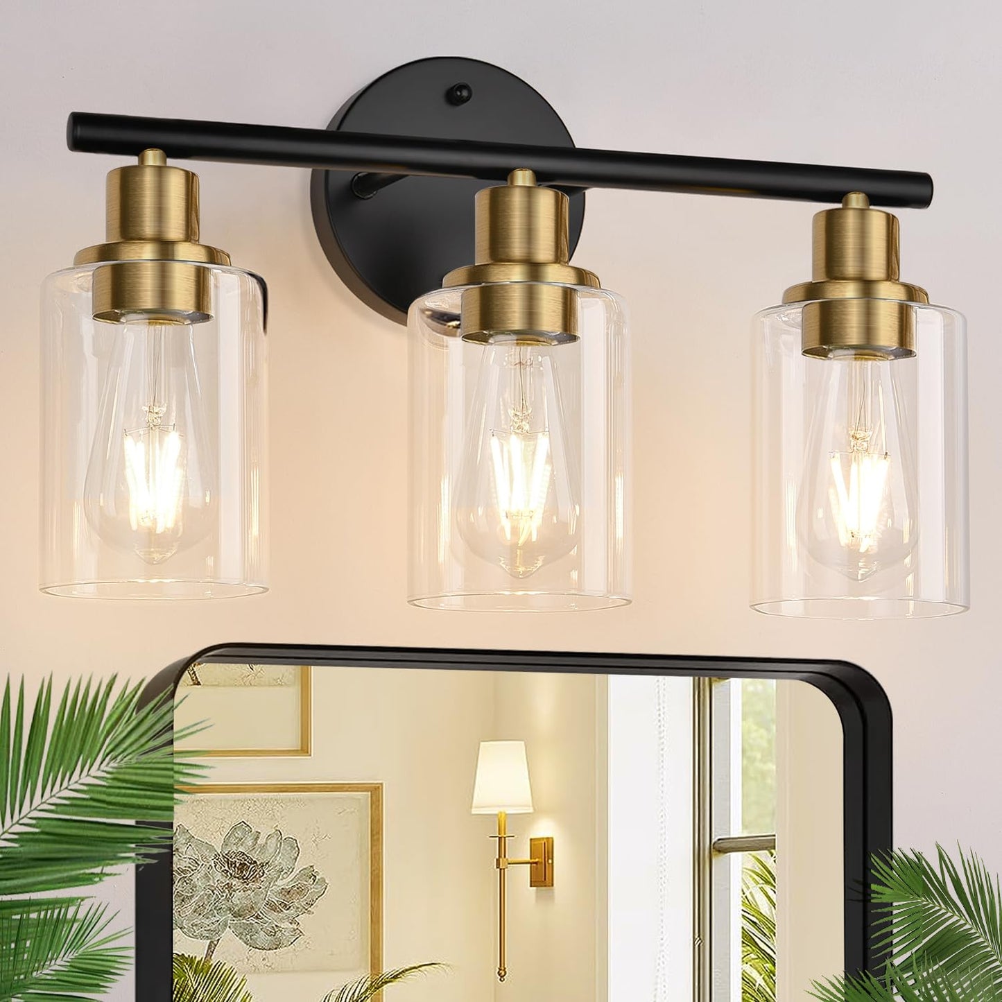 Zarbitta 3-Light Bathroom Light Fixtures, Brushed Nickel Vanity Light, Farmhouse Wall Lights with Clear Glass Shade, Bathroom Wall Lamp for Mirror Kitchen Bedroom Hallway Living Room Hallway Cabinet