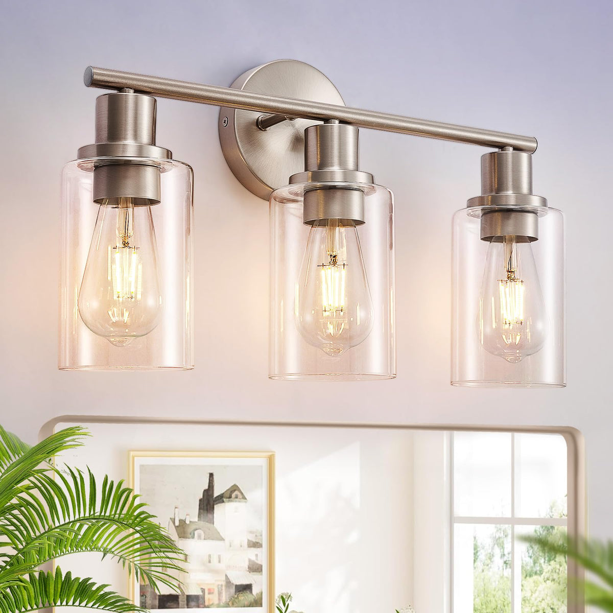 DLLT 3-Light Bathroom Light Fixtures: Set of 2 Black Modern Vanity Lights with Clear Glass Shade - 18.51" Bathroom Wall Lamp for Mirror Kitchen Living Room