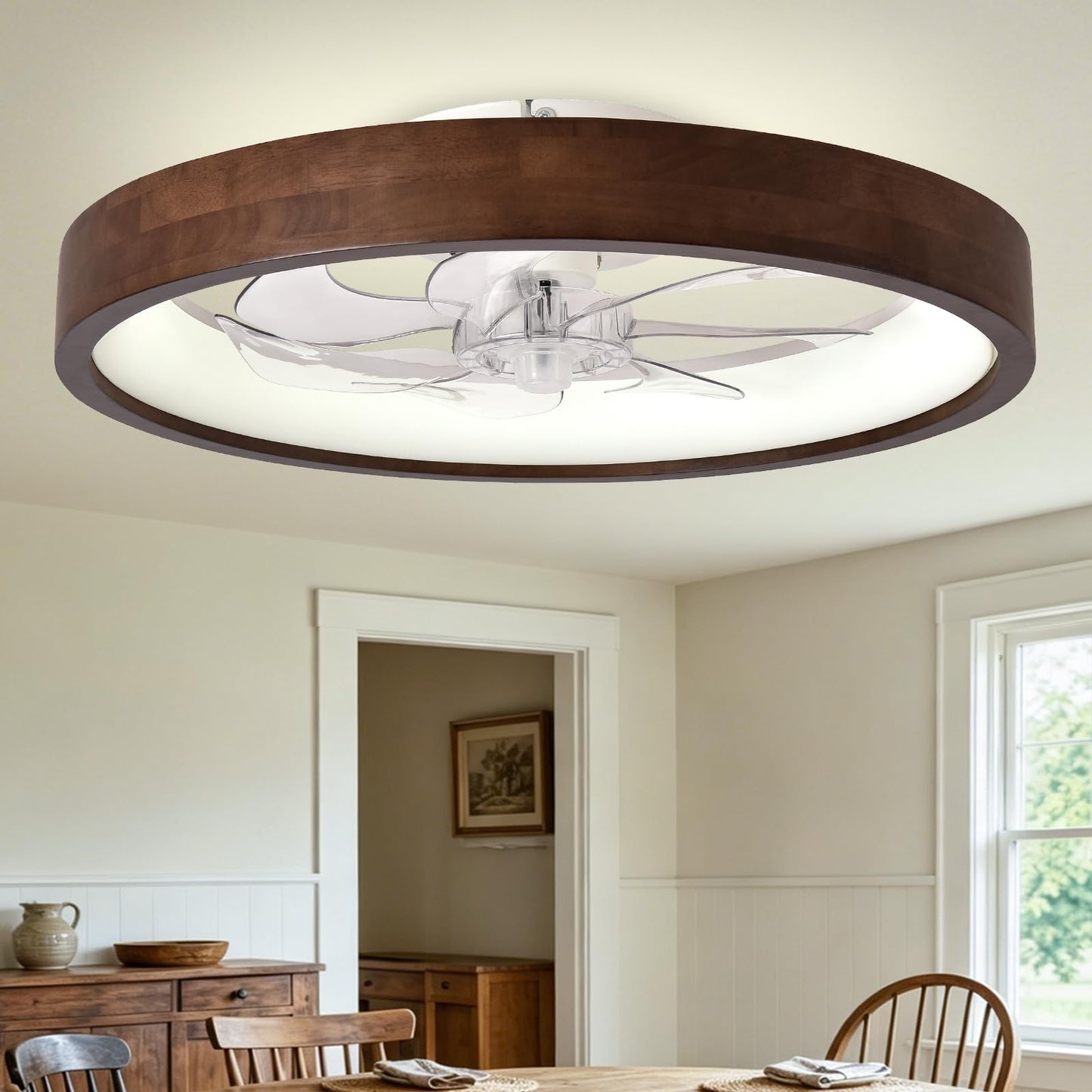 20" Modern Low Profile Flush Mount Wood Ceiling Fan with Light | Remote/APP, timer, memory, reversible, dimmable LED, 6 speeds; for bedroom, living room.