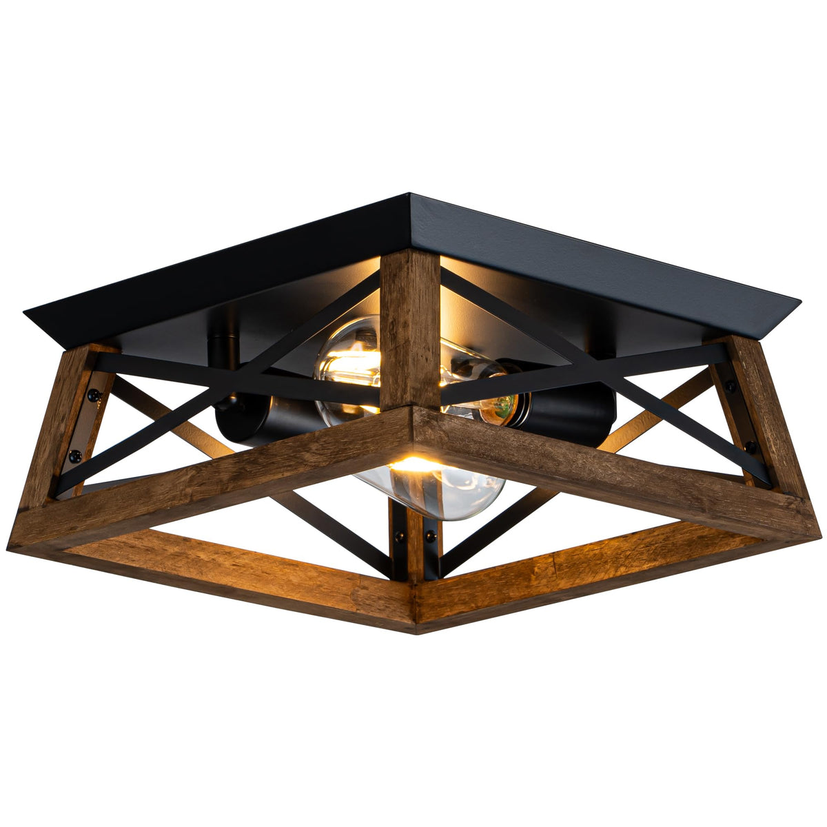 Farmhouse Ceiling Light, 2-Light Round Flush Mount Ceiling Light with Wood and Metal Frame, Black Rustic Light Fixture for Hallway, Entryway, Bedroom, Kitchen