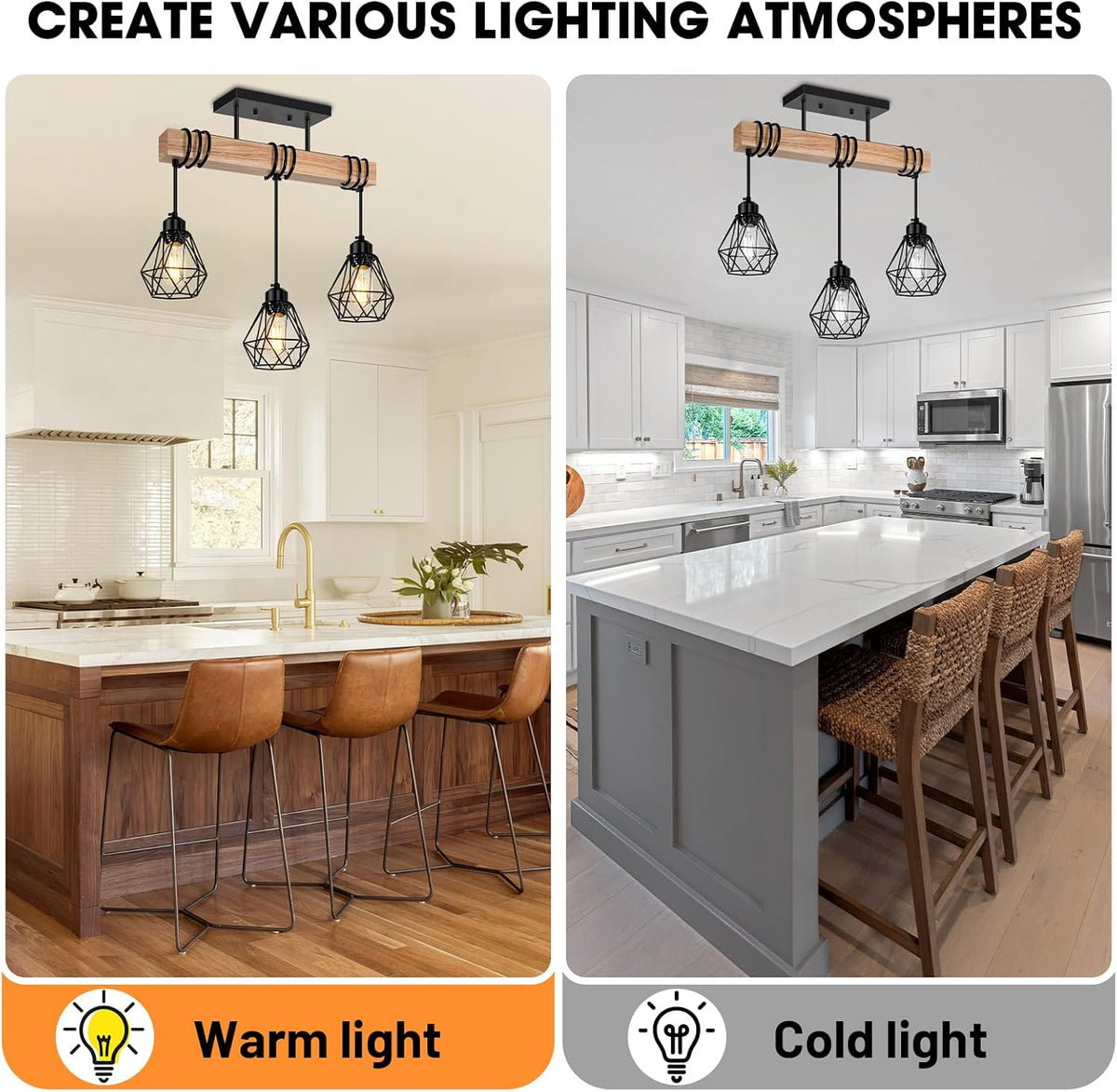 3-Lights Farmhouse Dining Room Pendant Light Fixtures Over Table, Rustic Solid Wood Kitchen Island Lighting Hanging with Metal Shades, Modern Black Ceiling Pendant Lamp for Living Room Hallway