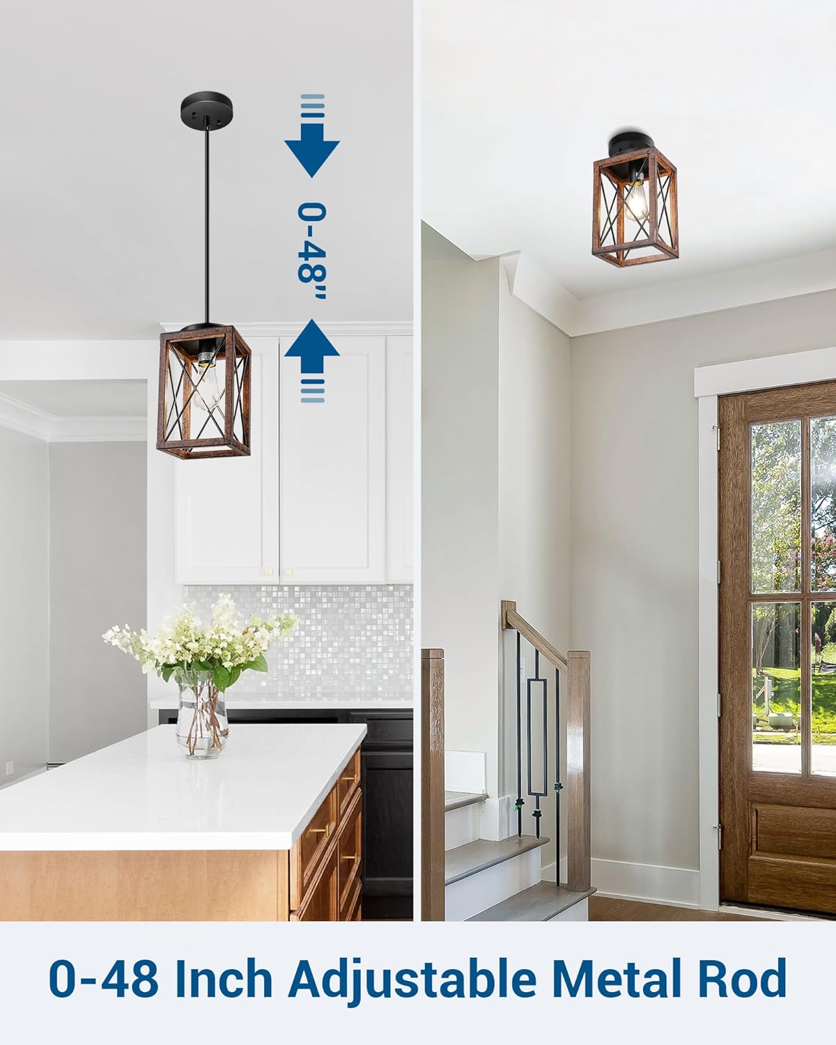 DEWENWILS Farmhouse Pendant Light, Metal Hanging Light Fixture with Wooden Grain Finish, 48 Inch Adjustable Pipes for Flat and Slop Ceiling, Kitchen Island, Bedroom, Dining Hall, E26 Base