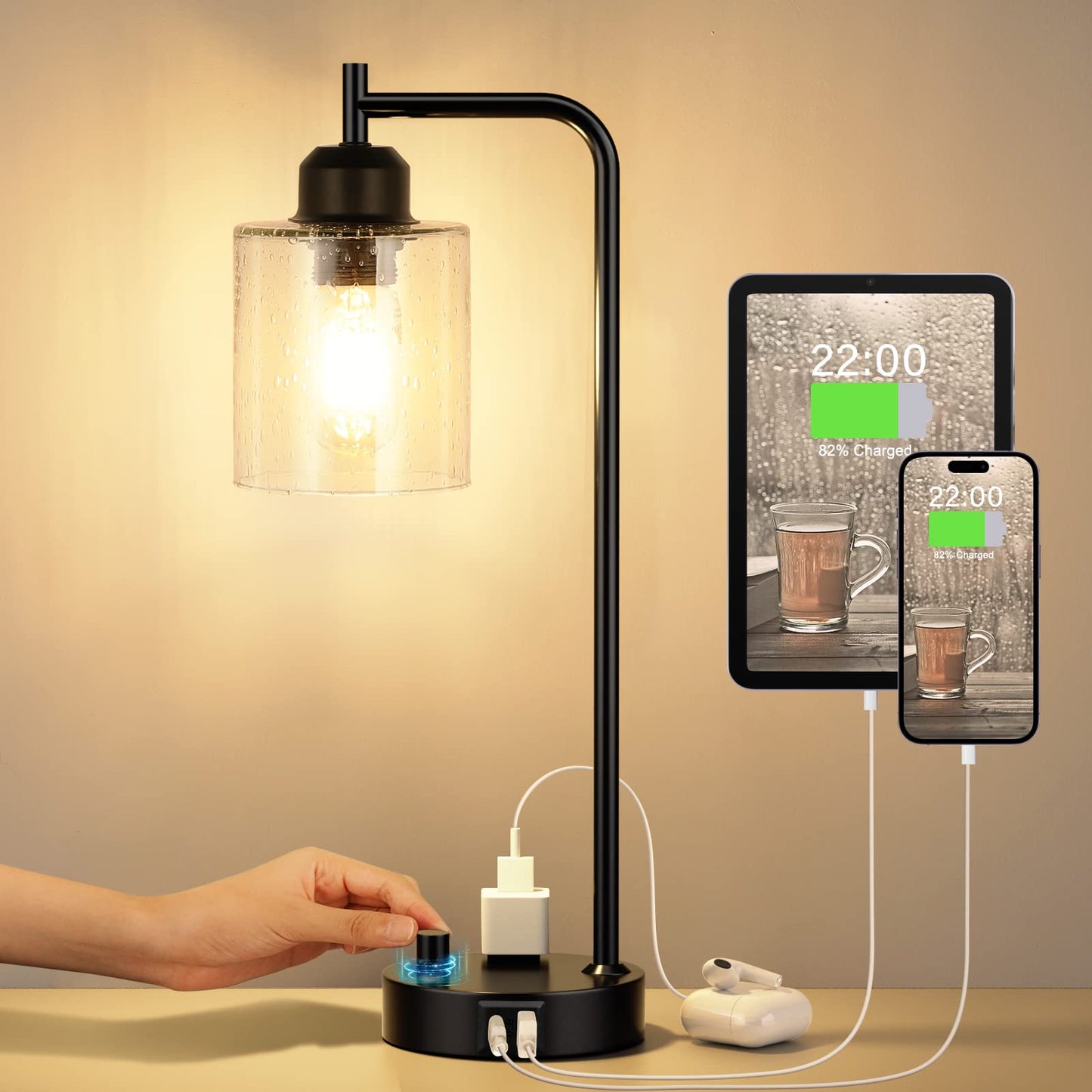 Innqoo Gold Table Lamp for Bedroom - Industrial Bedside Lamp with USB Port and Outlet, Fully Dimmable Nightstand Lamp with Clear Glass Shade, Small Desk Lamps for Home Office
