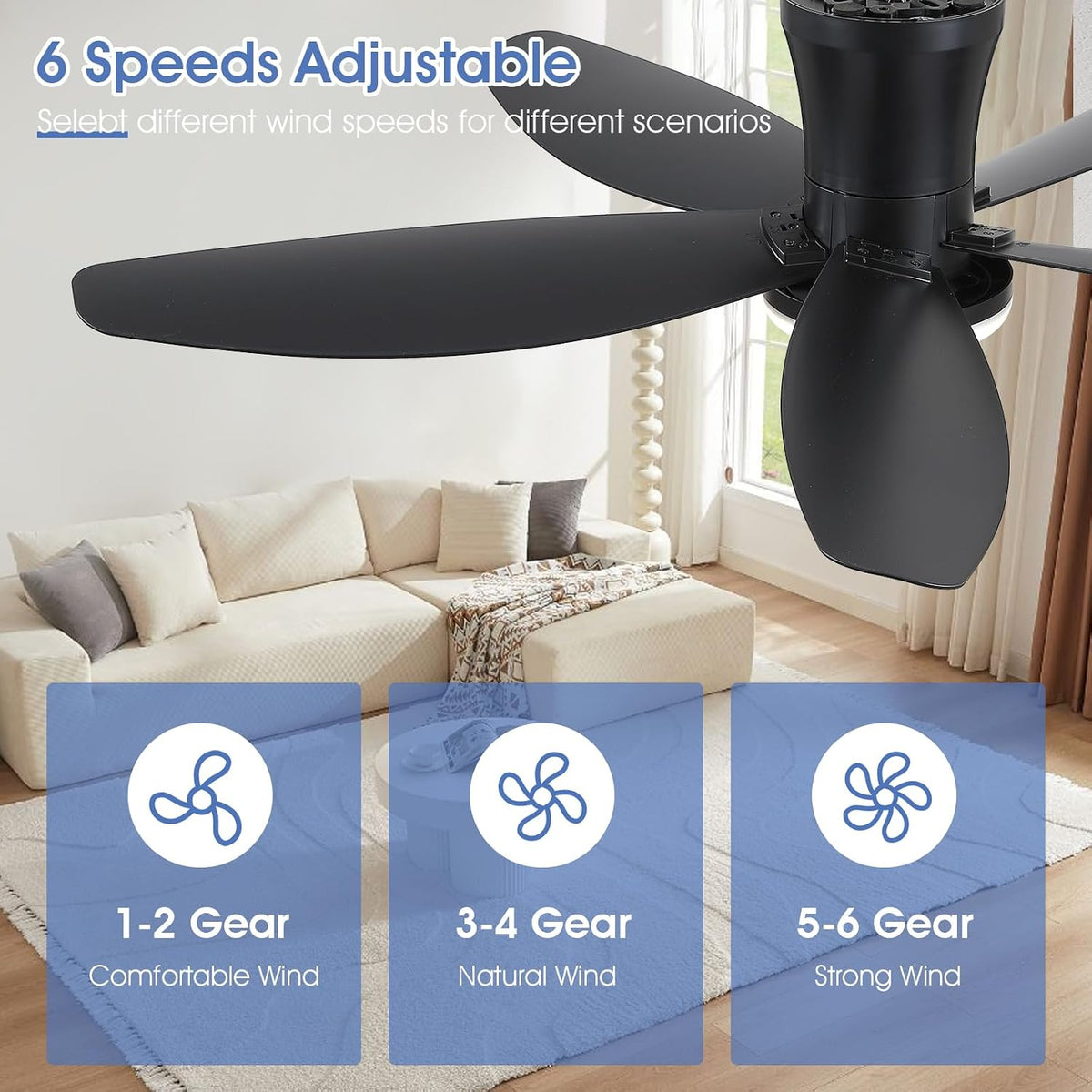 42" Ceiling Fans with Lights-Low Profile Ceiling Fan with Light and Remote Control,Flush Mount,DC Reversible,LED Dimmable Blakc Ceiling Fans for Bedroom,Indoor/Outdoor Patio Use